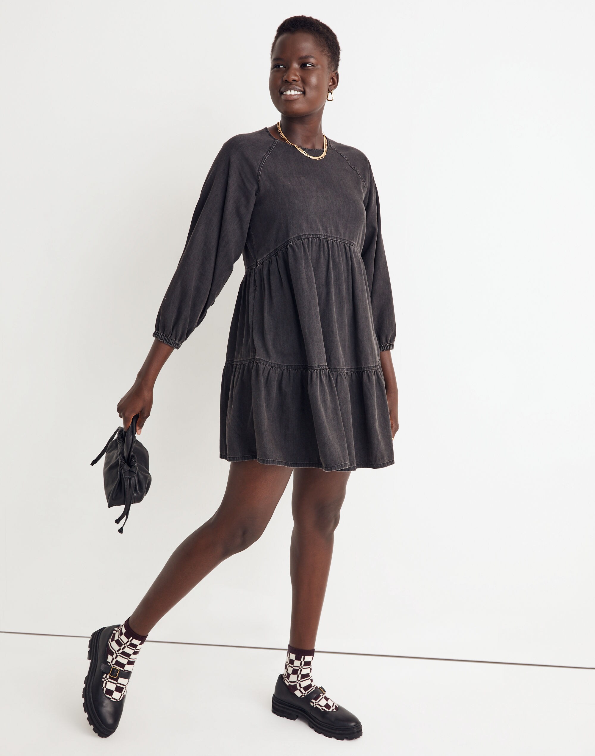 Denim Raglan-Sleeve Mini Dress in Lunar Wash