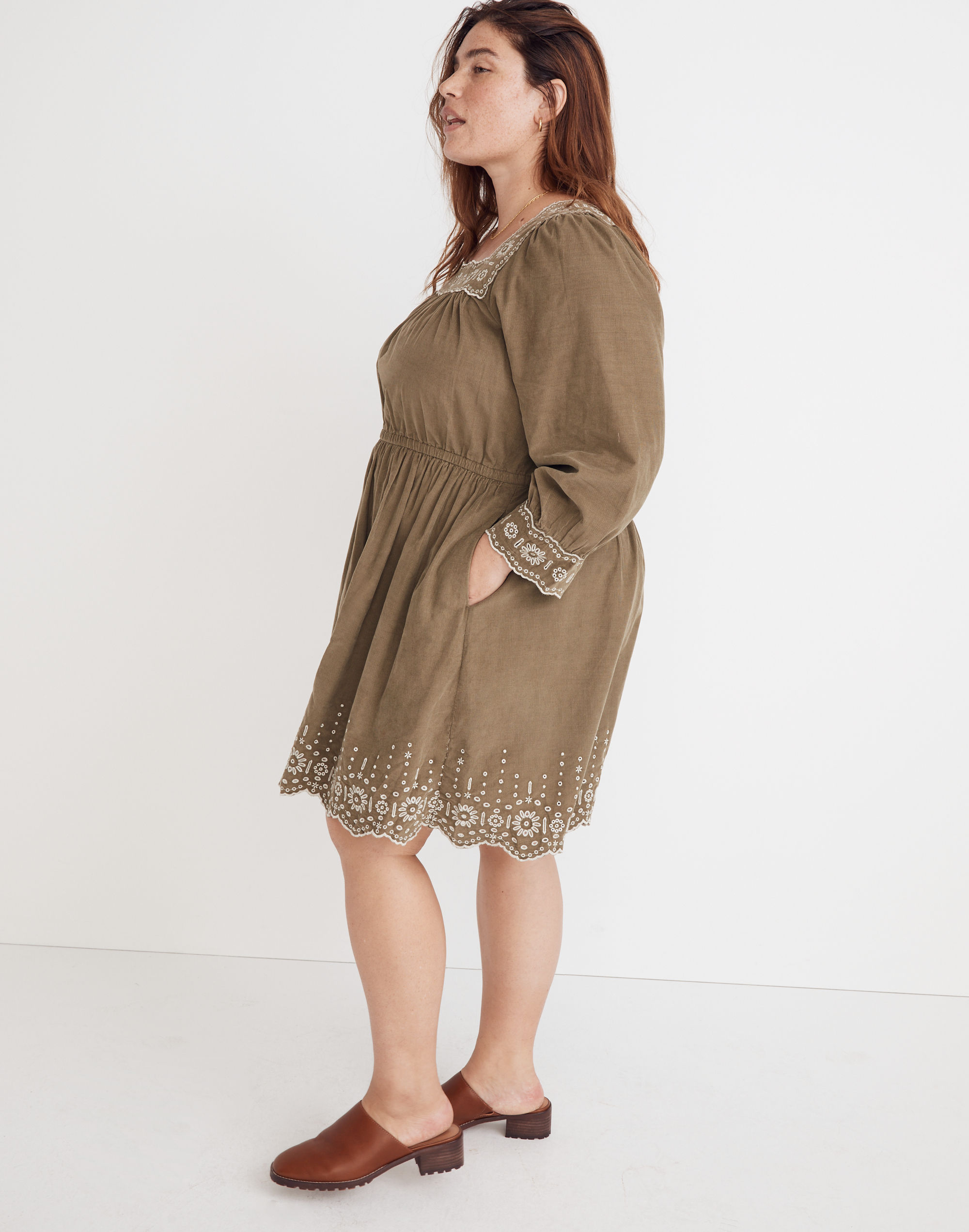 Plus Embroidered Corduroy Square-Neck Mini Dress