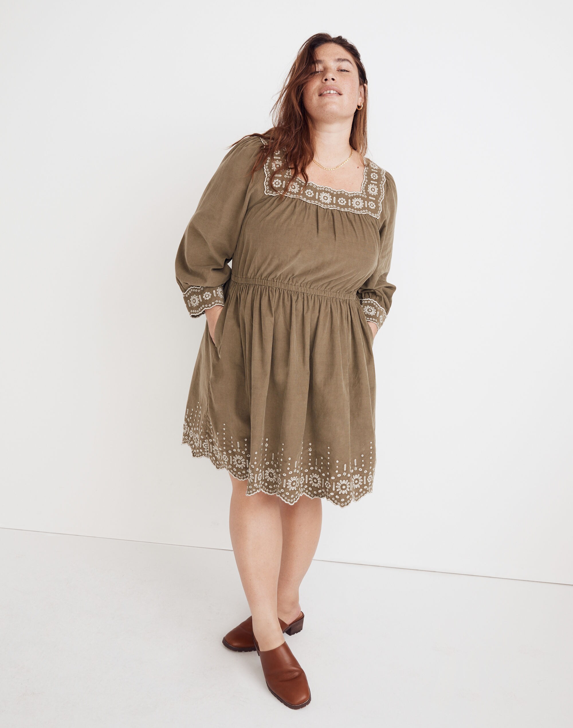 Plus Embroidered Corduroy Square-Neck Mini Dress