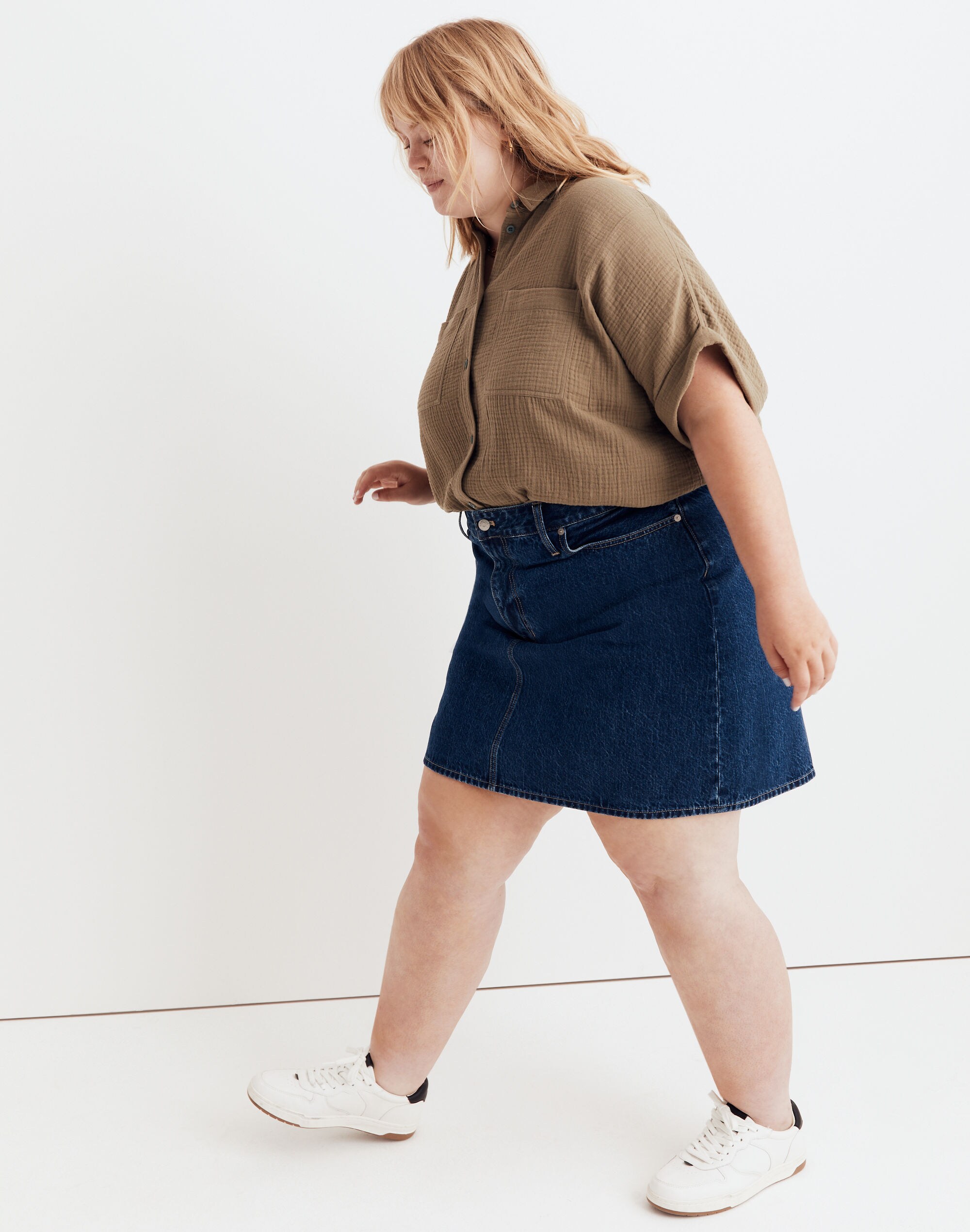 Plus Denim High-Waist Straight Mini Skirt in Sunberry Wash
