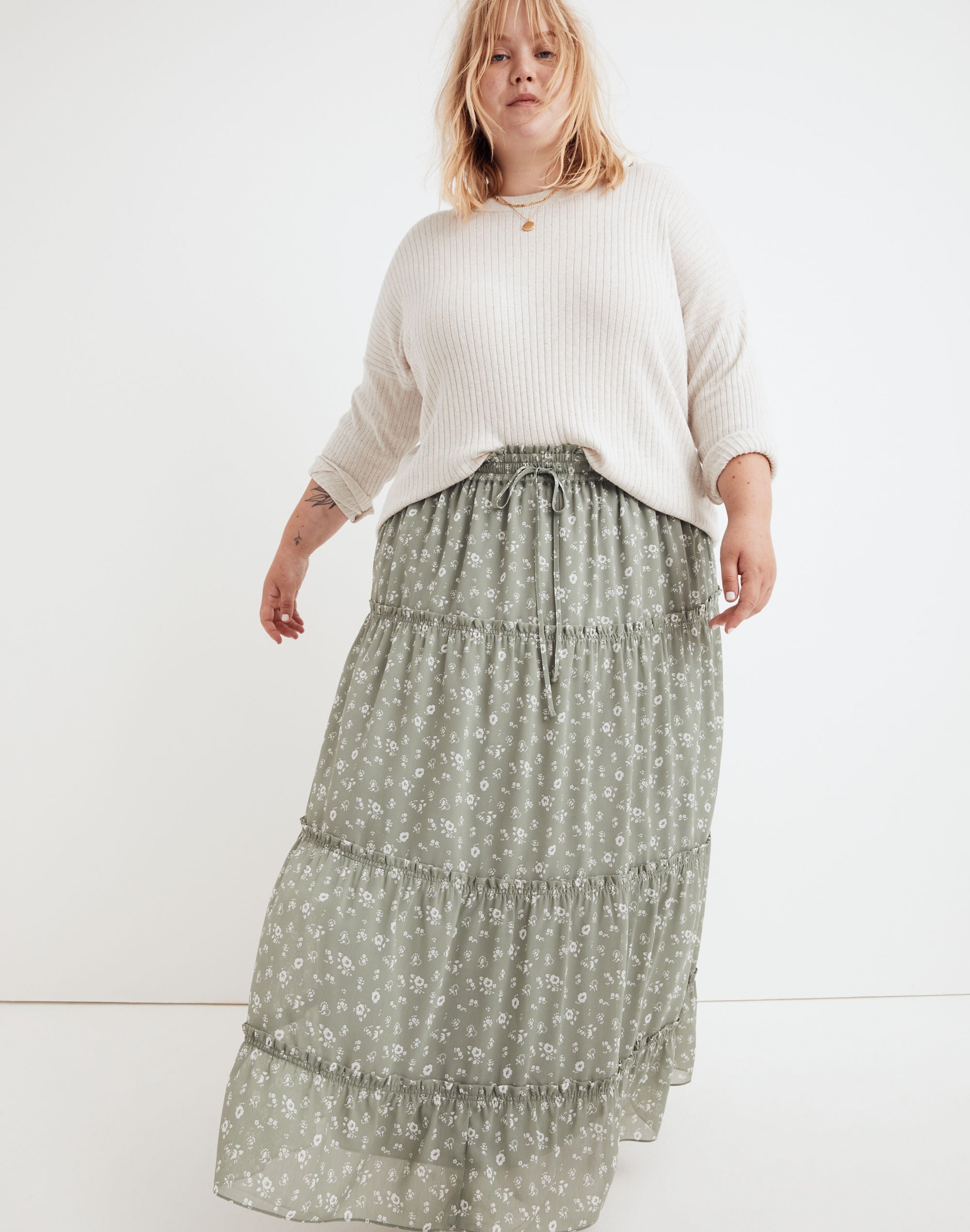 Plus Pull-on Ruffle Tiered Maxi Skirt in Cottage Garden