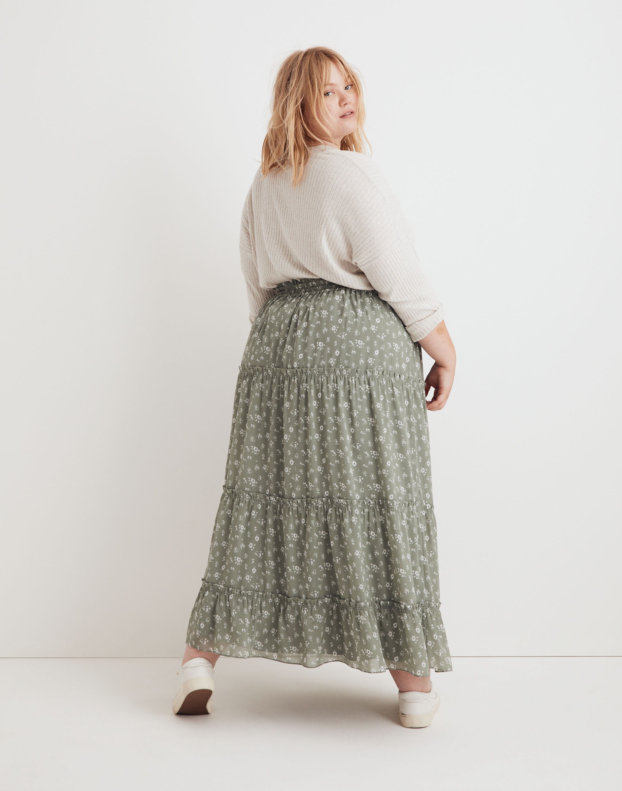 Plus Pull-on Ruffle Tiered Maxi Skirt in Cottage Garden
