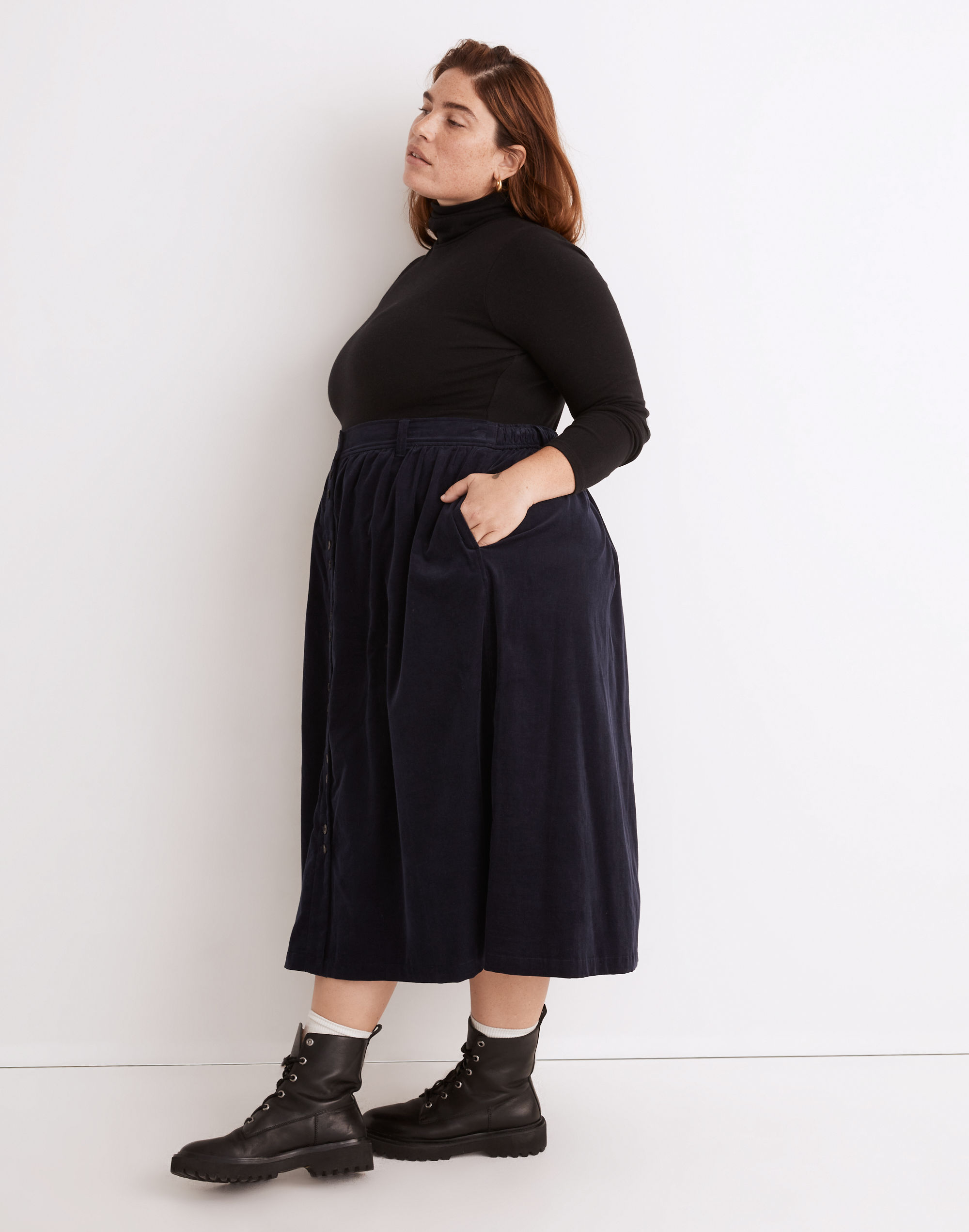 Plus Baby Corduroy Button-Front Midi Skirt