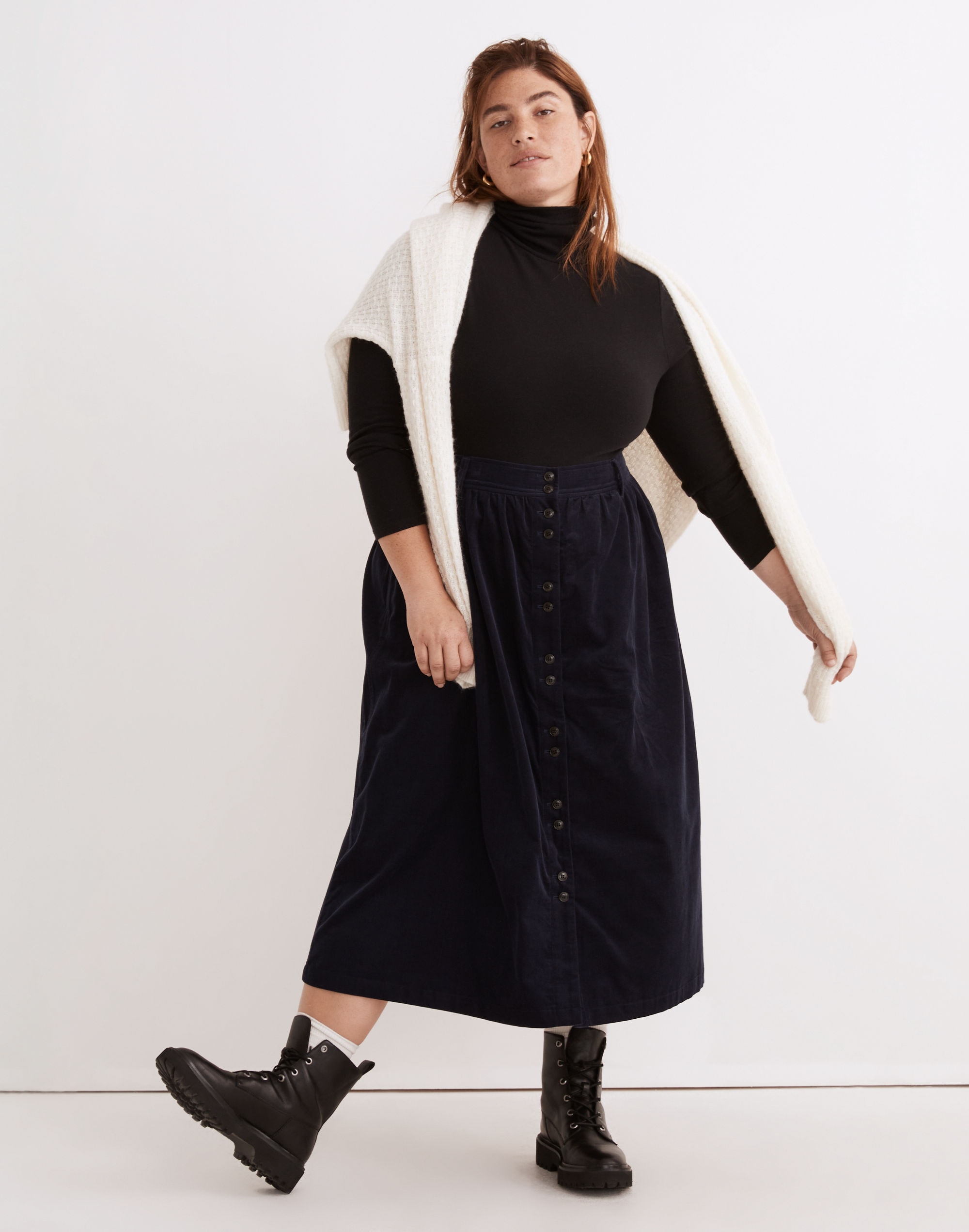 Plus Baby Corduroy Button-Front Midi Skirt