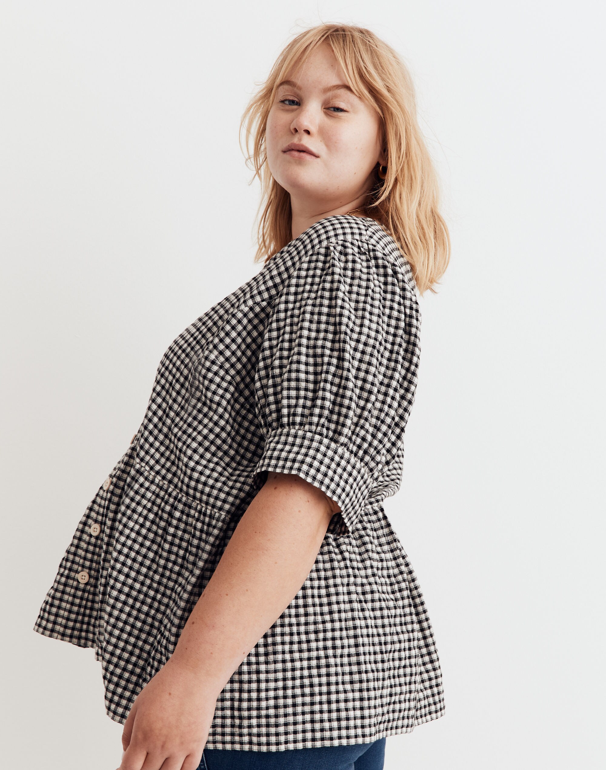 Plus Brushed Gauze Puff-Sleeve Peplum Top in Gingham Check