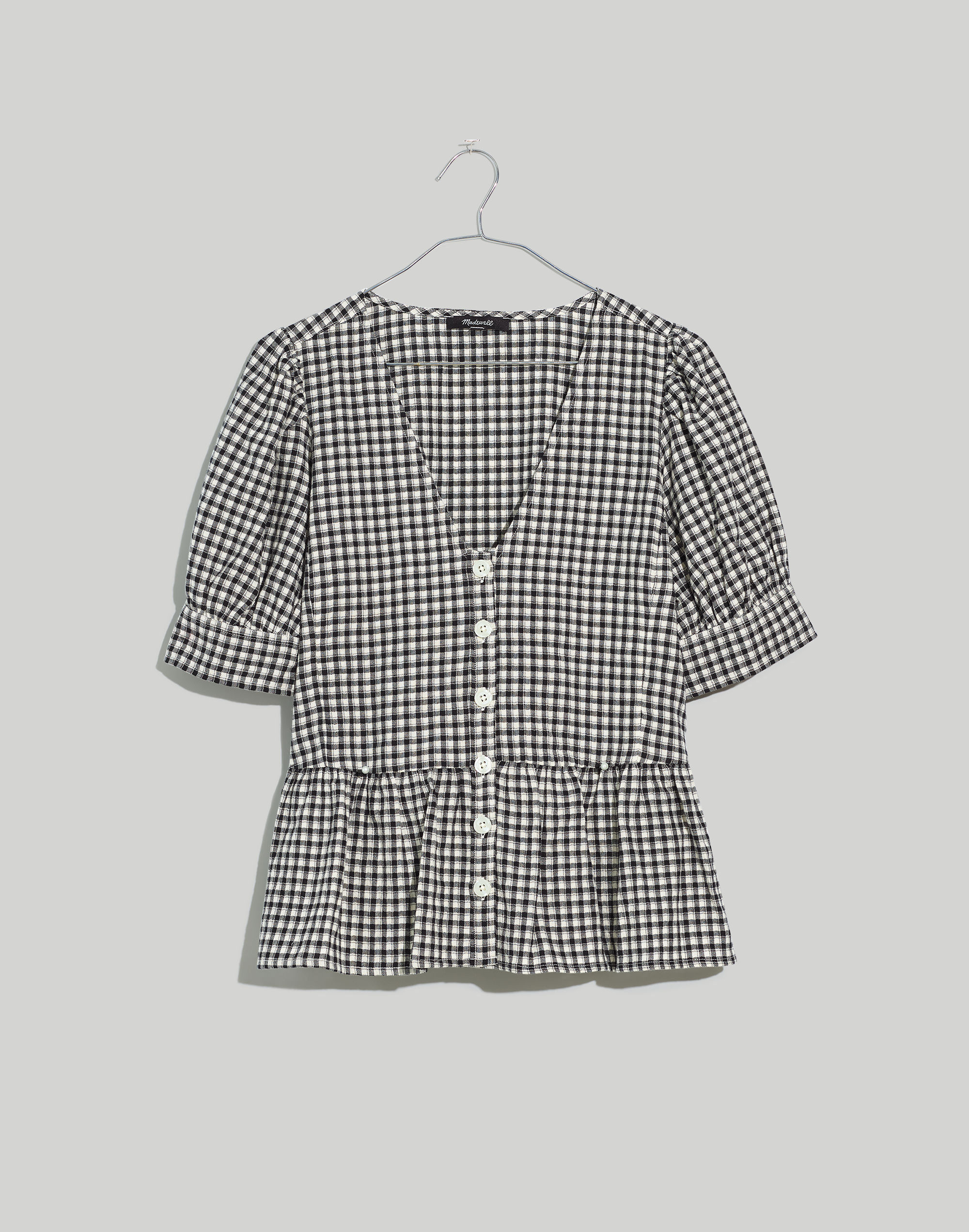 Plus Brushed Gauze Puff-Sleeve Peplum Top in Gingham Check