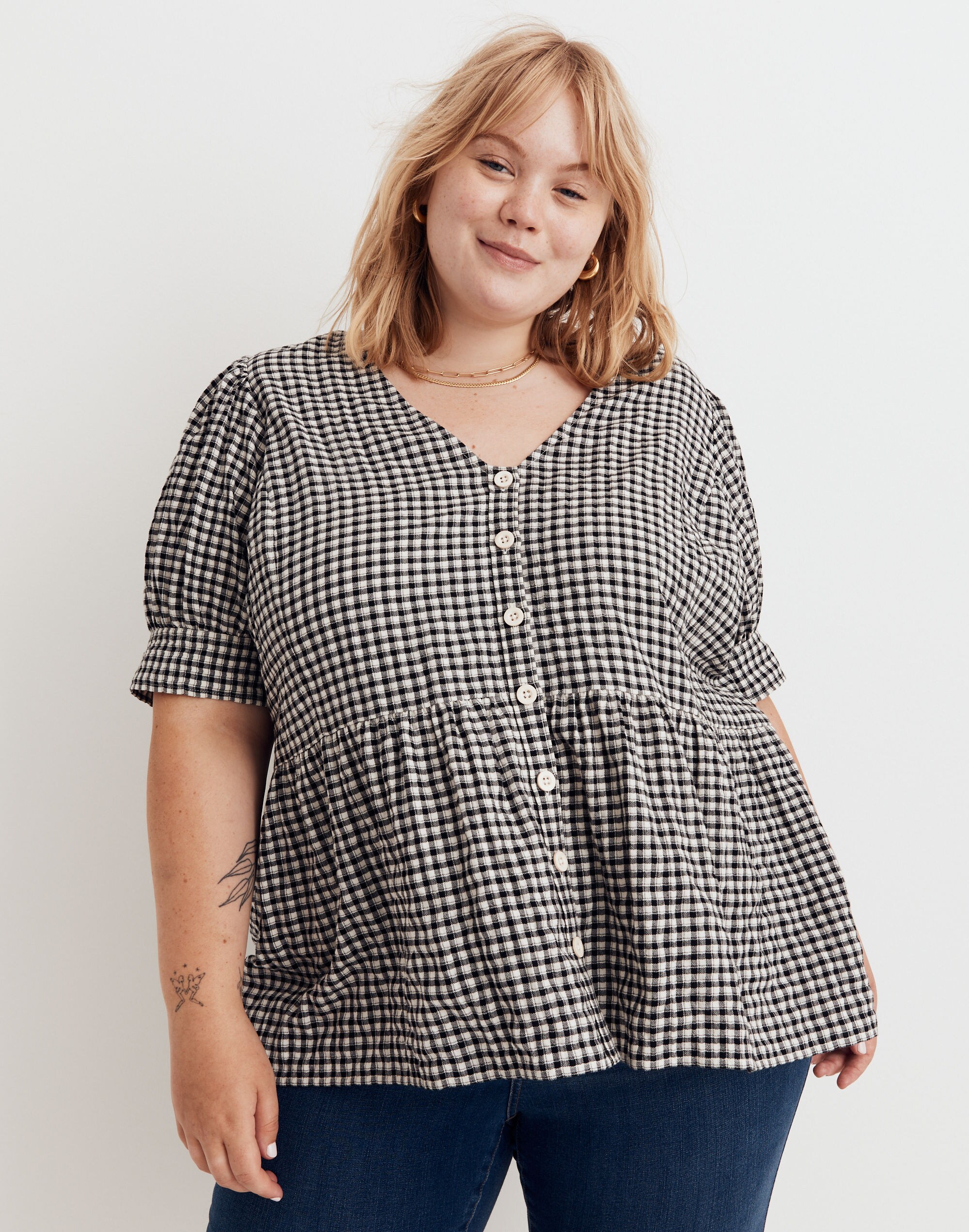 Plus Brushed Gauze Puff-Sleeve Peplum Top in Gingham Check