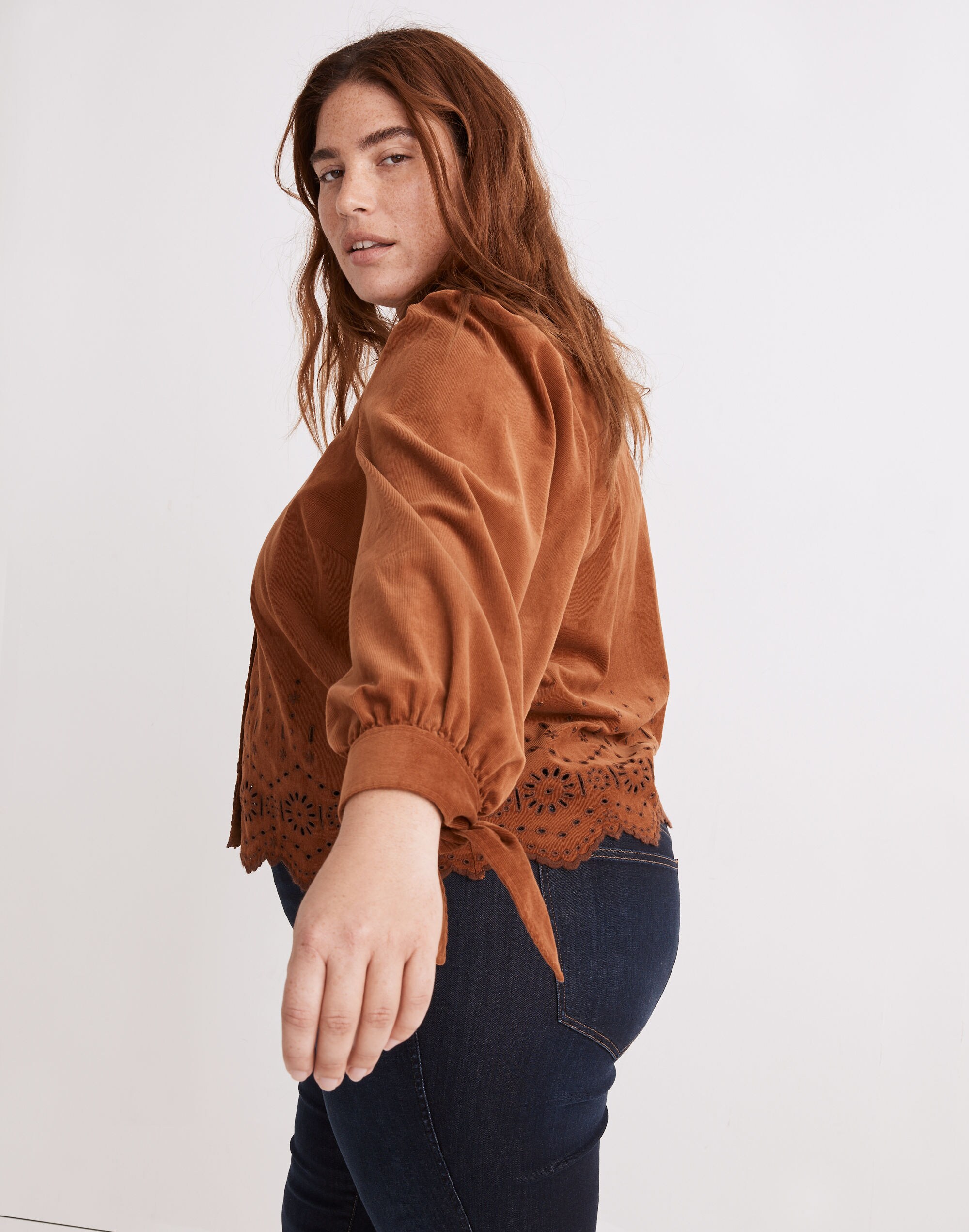 Plus Embroidered Eyelet Corduroy Tie-Sleeve Top