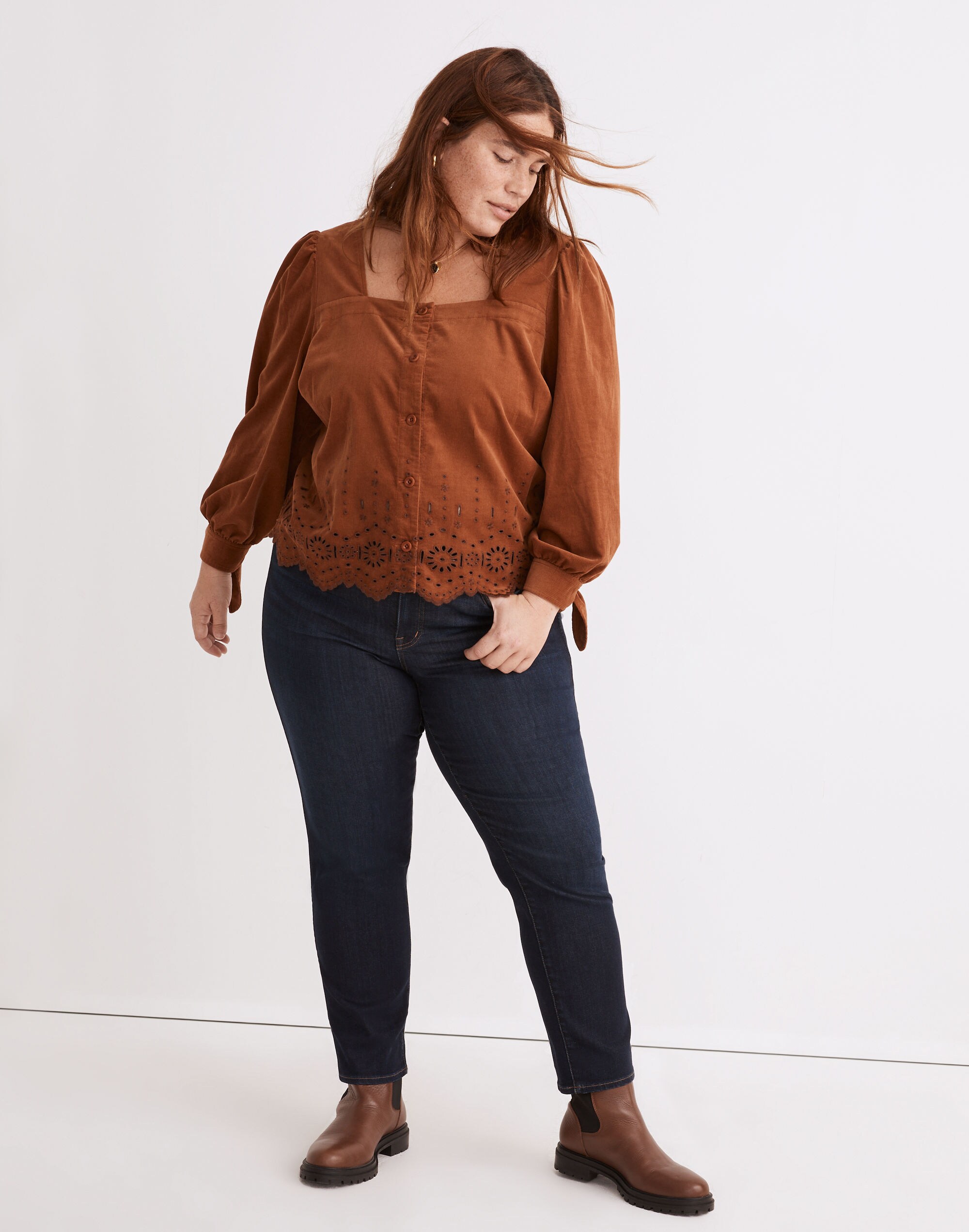 Plus Embroidered Eyelet Corduroy Tie-Sleeve Top