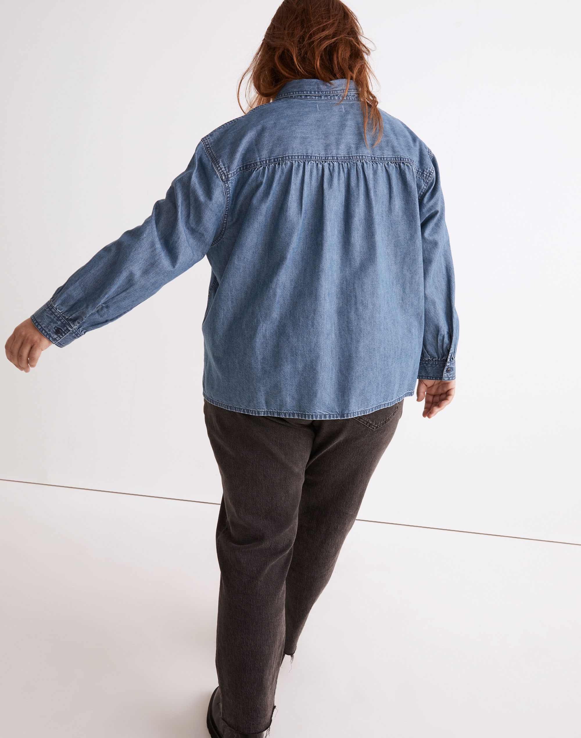 Plus Shirred-Back Crop Shirt: TENCEL&trade; Denim Edition