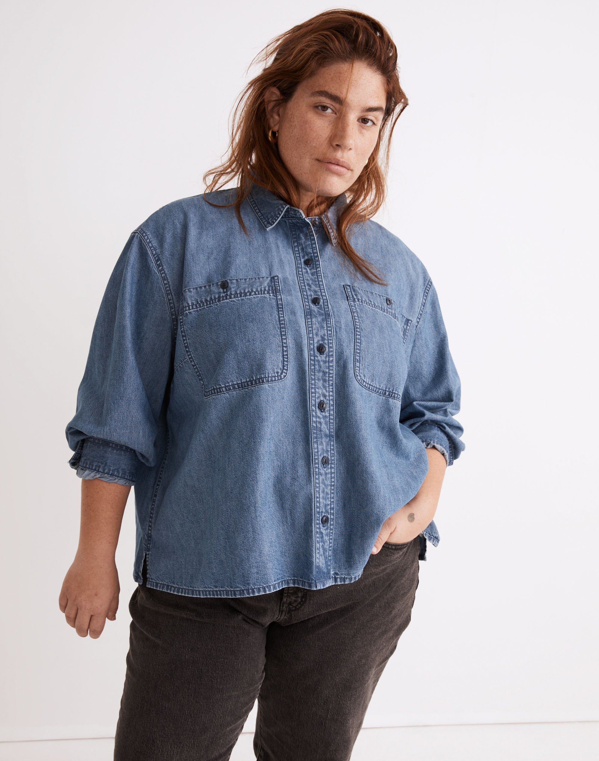 Plus Shirred-Back Crop Shirt: TENCEL&trade; Denim Edition