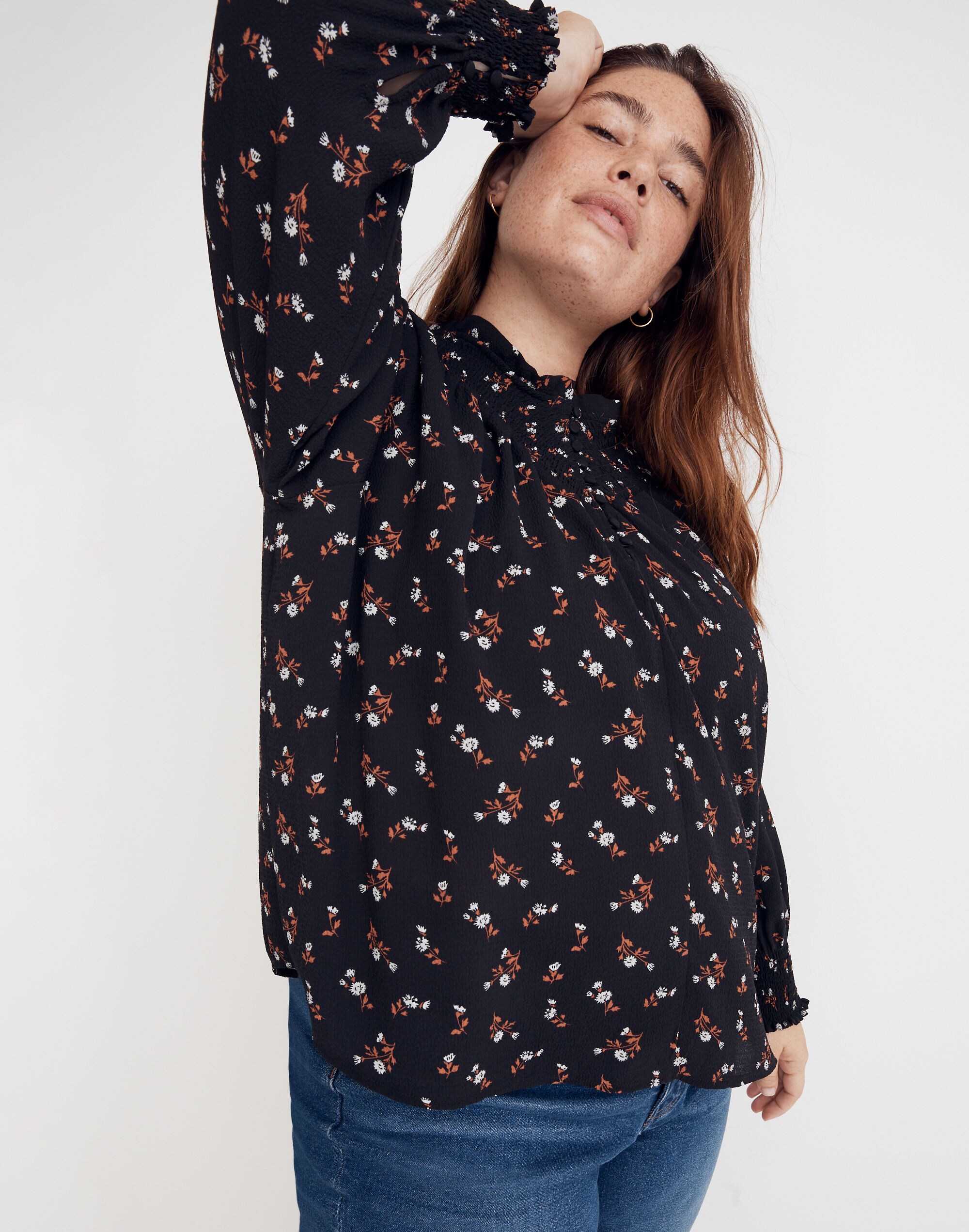 Plus Embroidered Smockneck Top in Tossed Floral