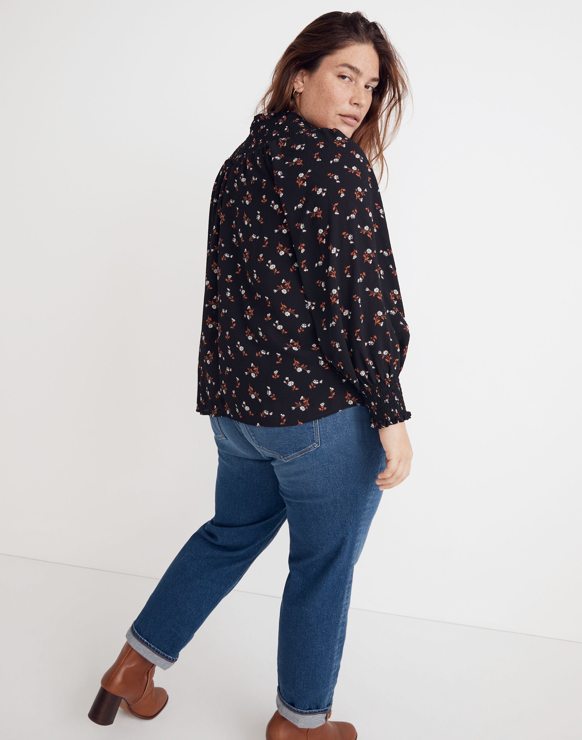 plus embroidered smockneck top in tossed floral