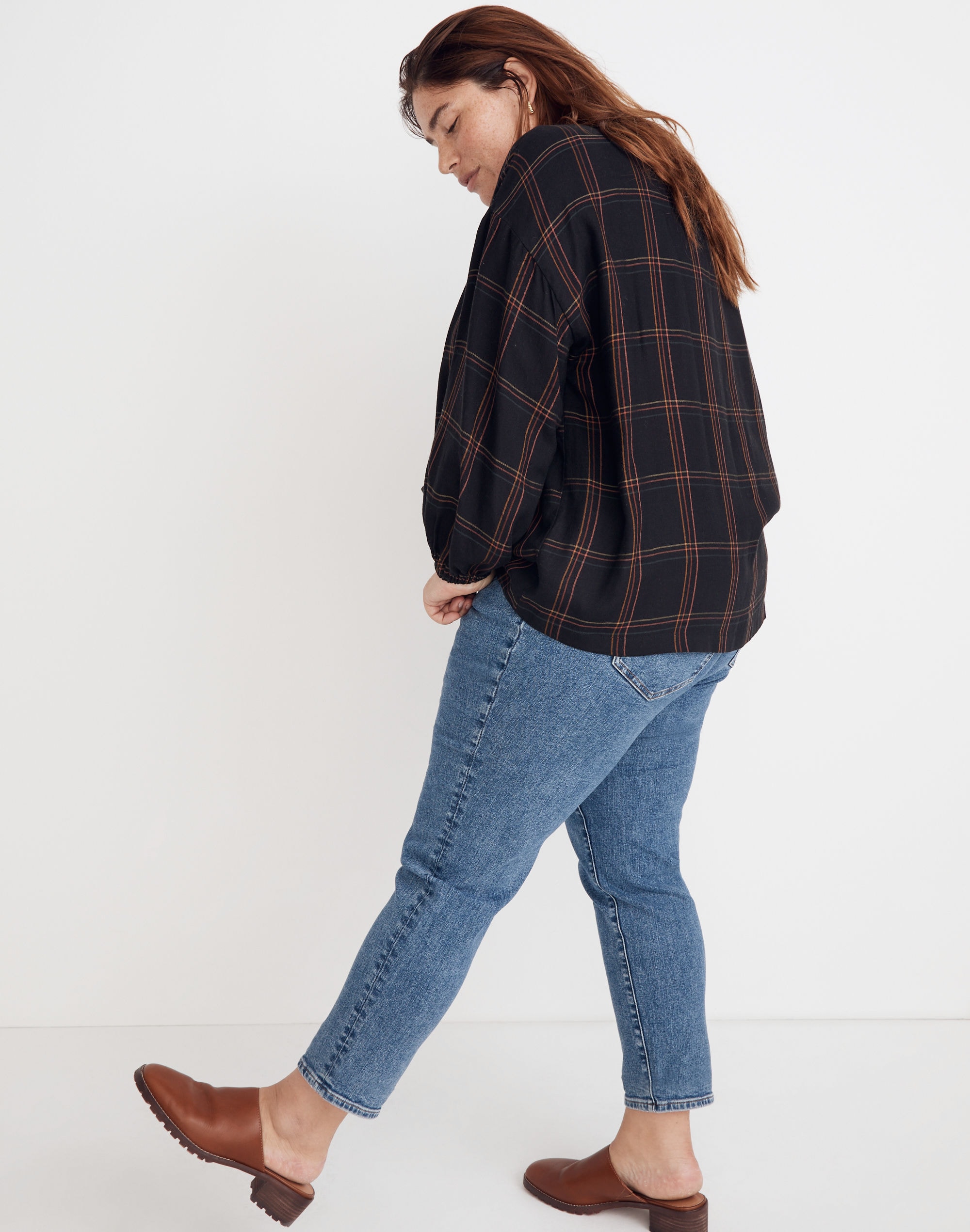 Plus Shirred Peasant Top in Windowpane