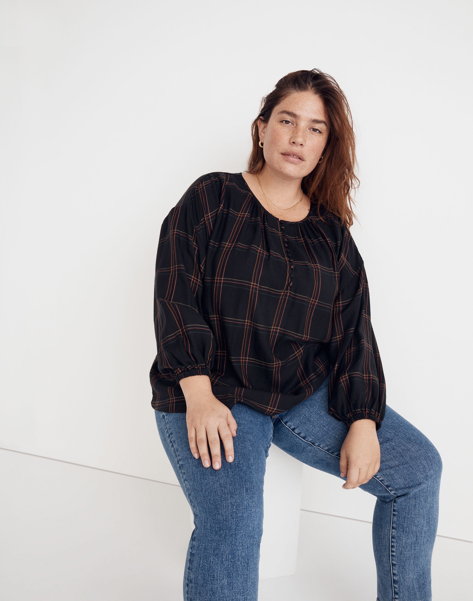 plus shirred peasant top in windowpane