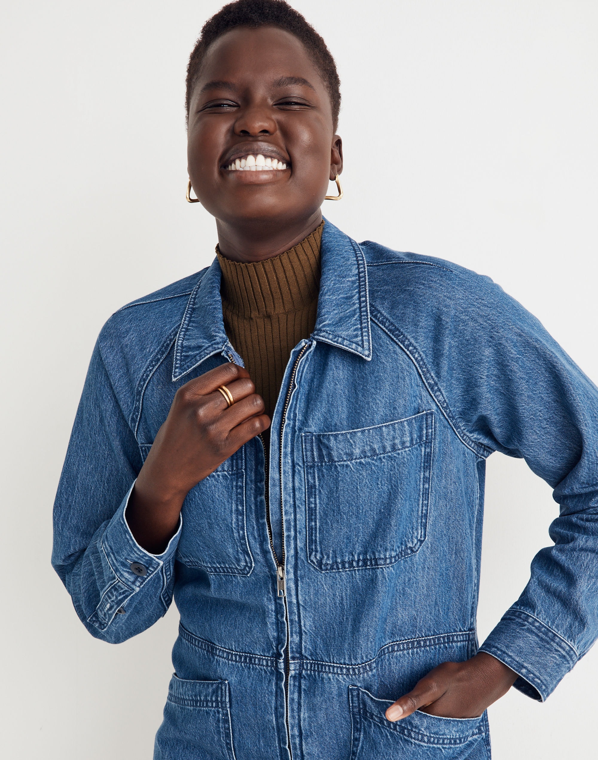 Curvy Denim Zip-Front Coverall Jumpsuit