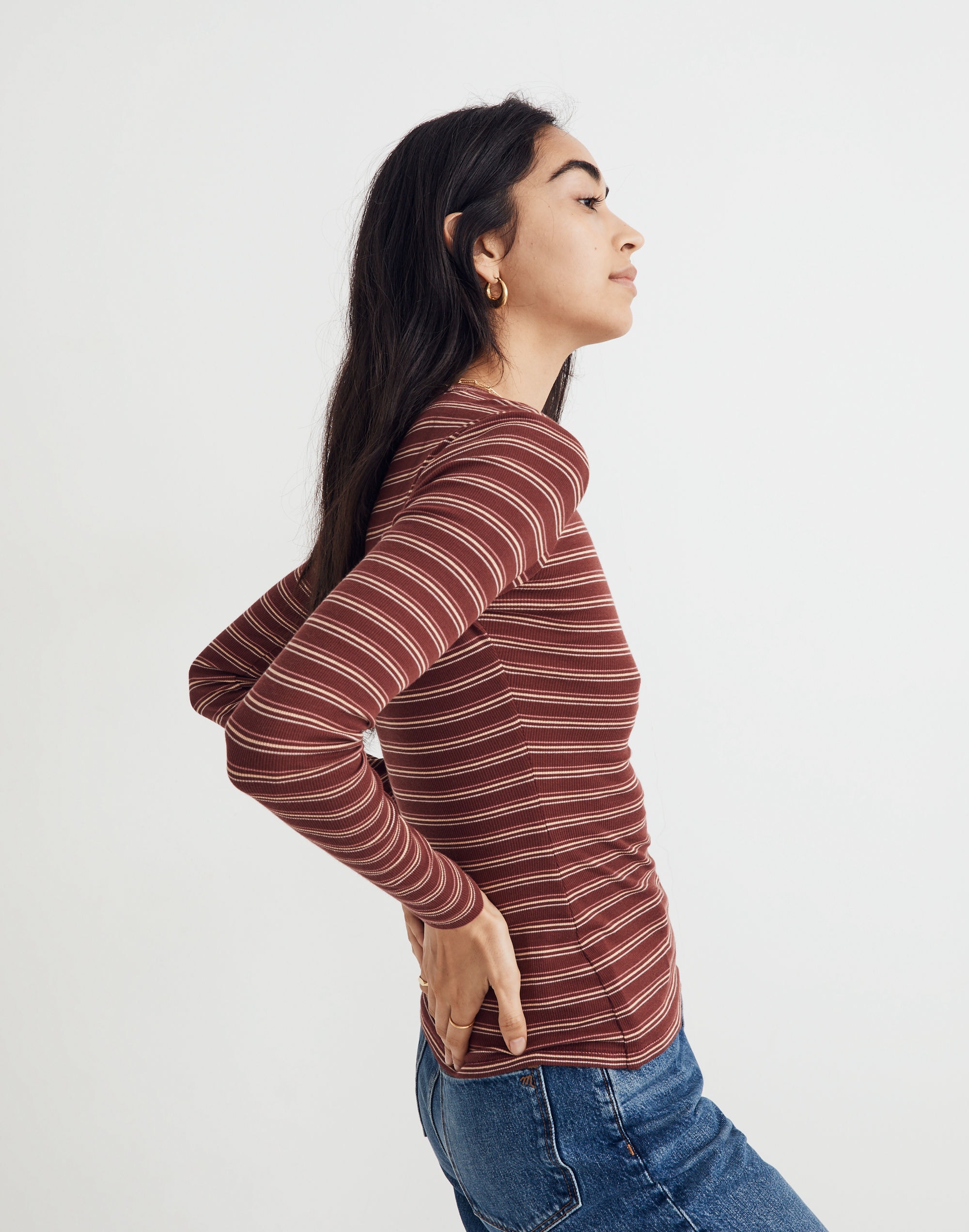 Fine Ribbed Crewneck Long-Sleeve Tee in Macey Stripe