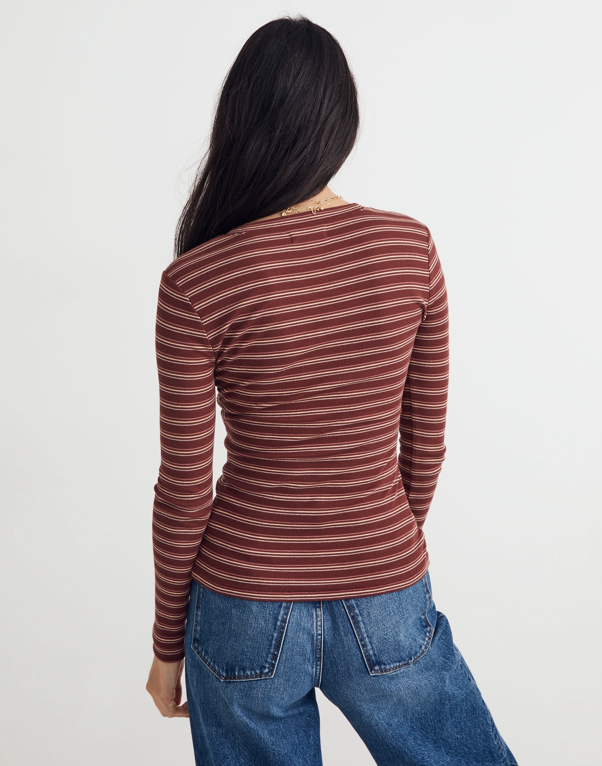 Fine Ribbed Crewneck Long-Sleeve Tee in Macey Stripe