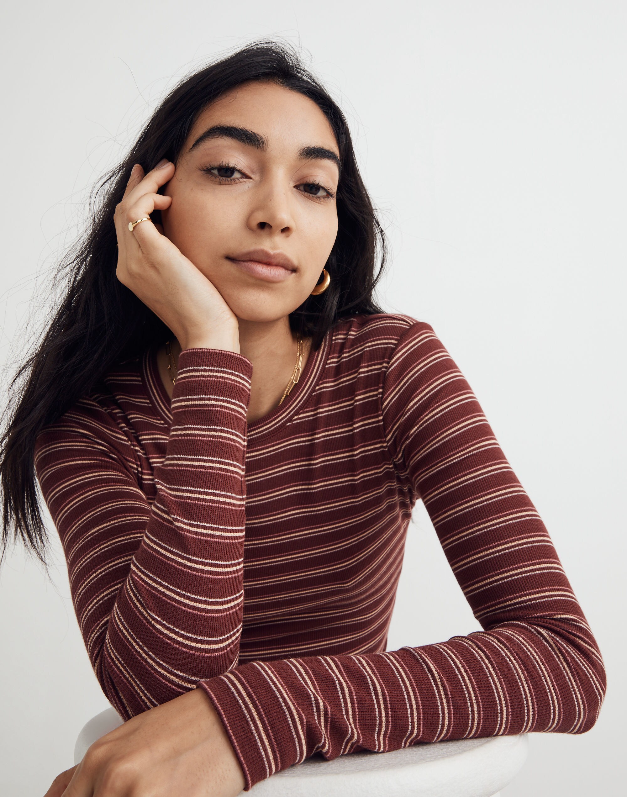 Fine Ribbed Crewneck Long-Sleeve Tee in Macey Stripe