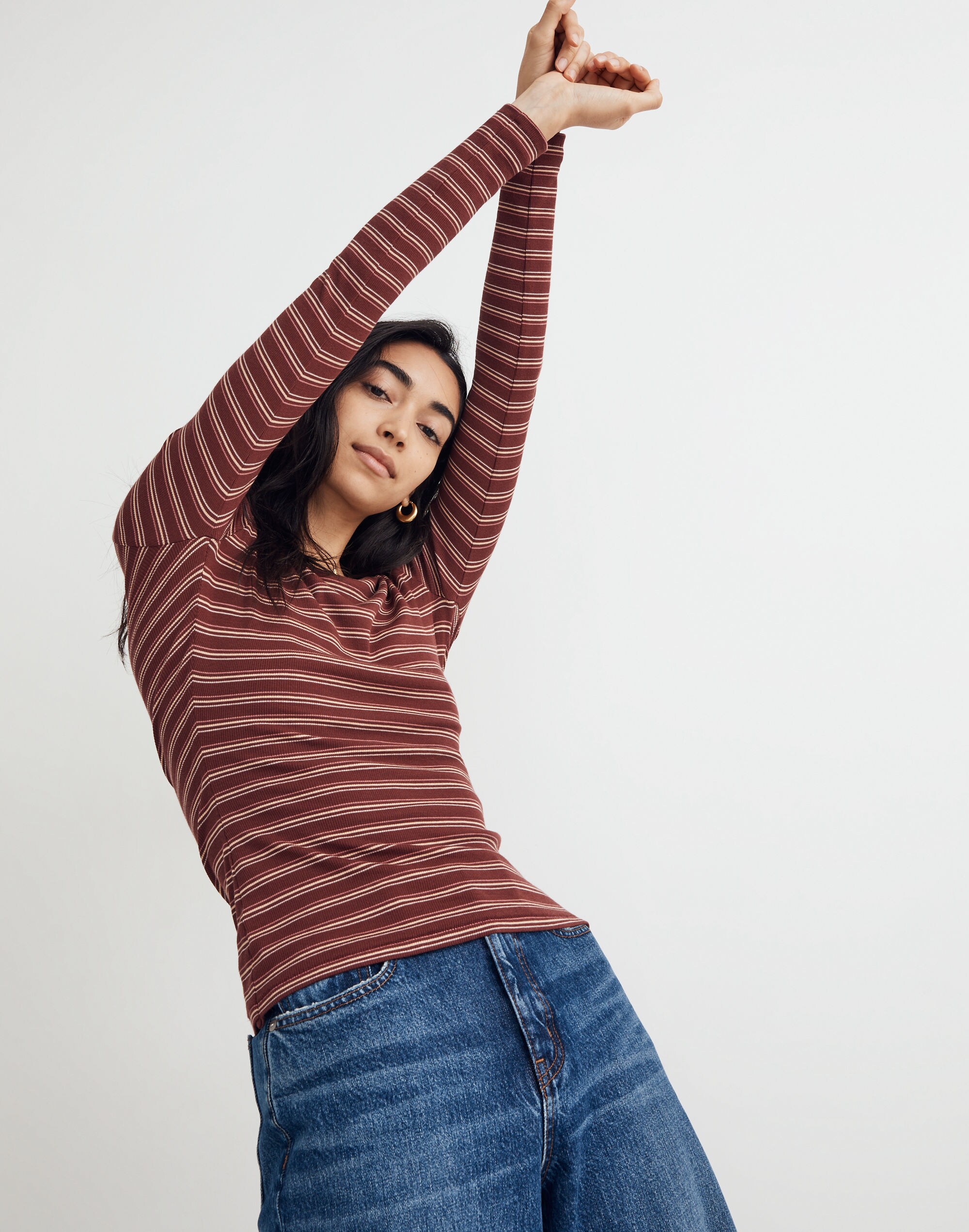 Fine Ribbed Crewneck Long-Sleeve Tee in Macey Stripe