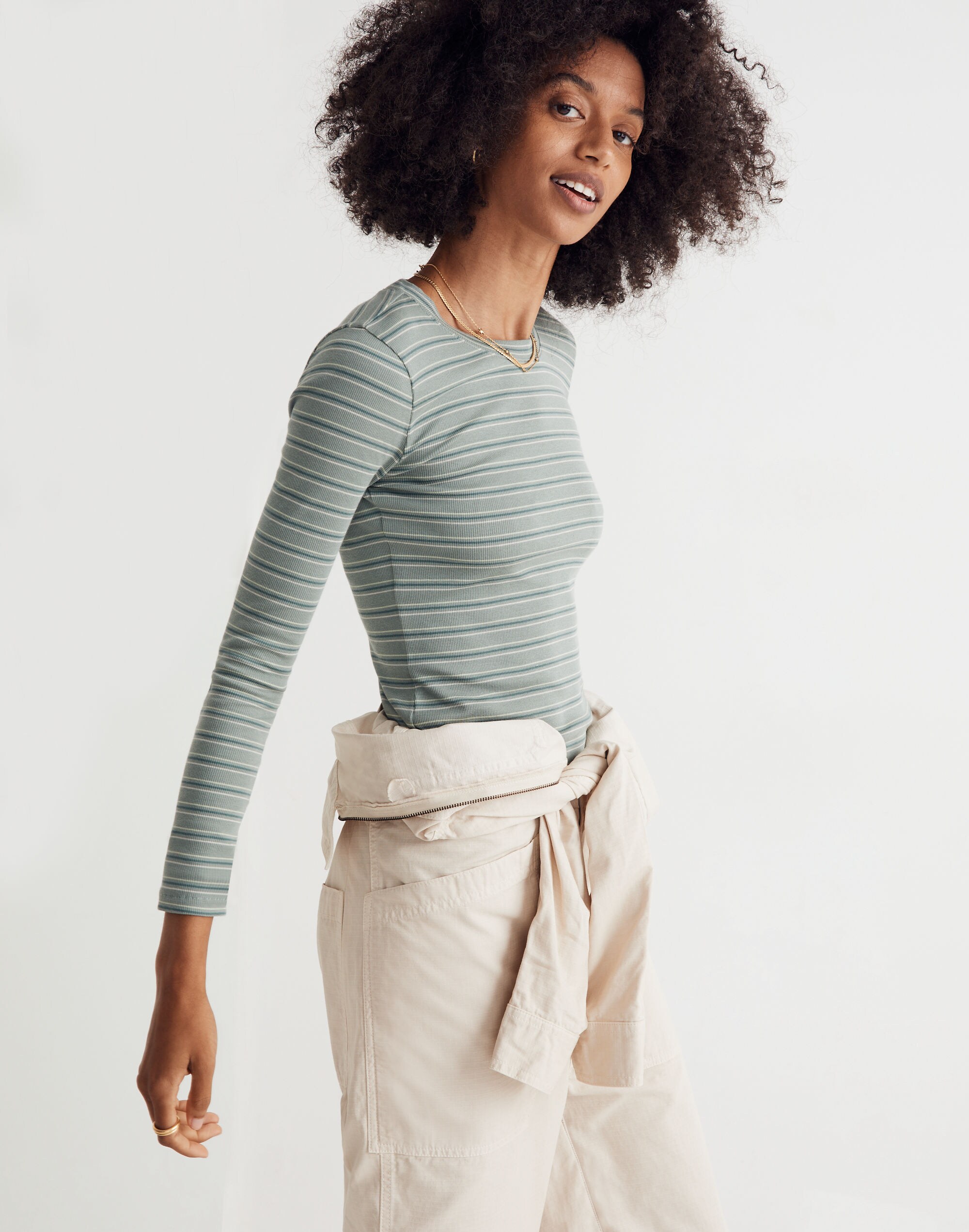 Fine Ribbed Crewneck Long-Sleeve Tee in Macey Stripe