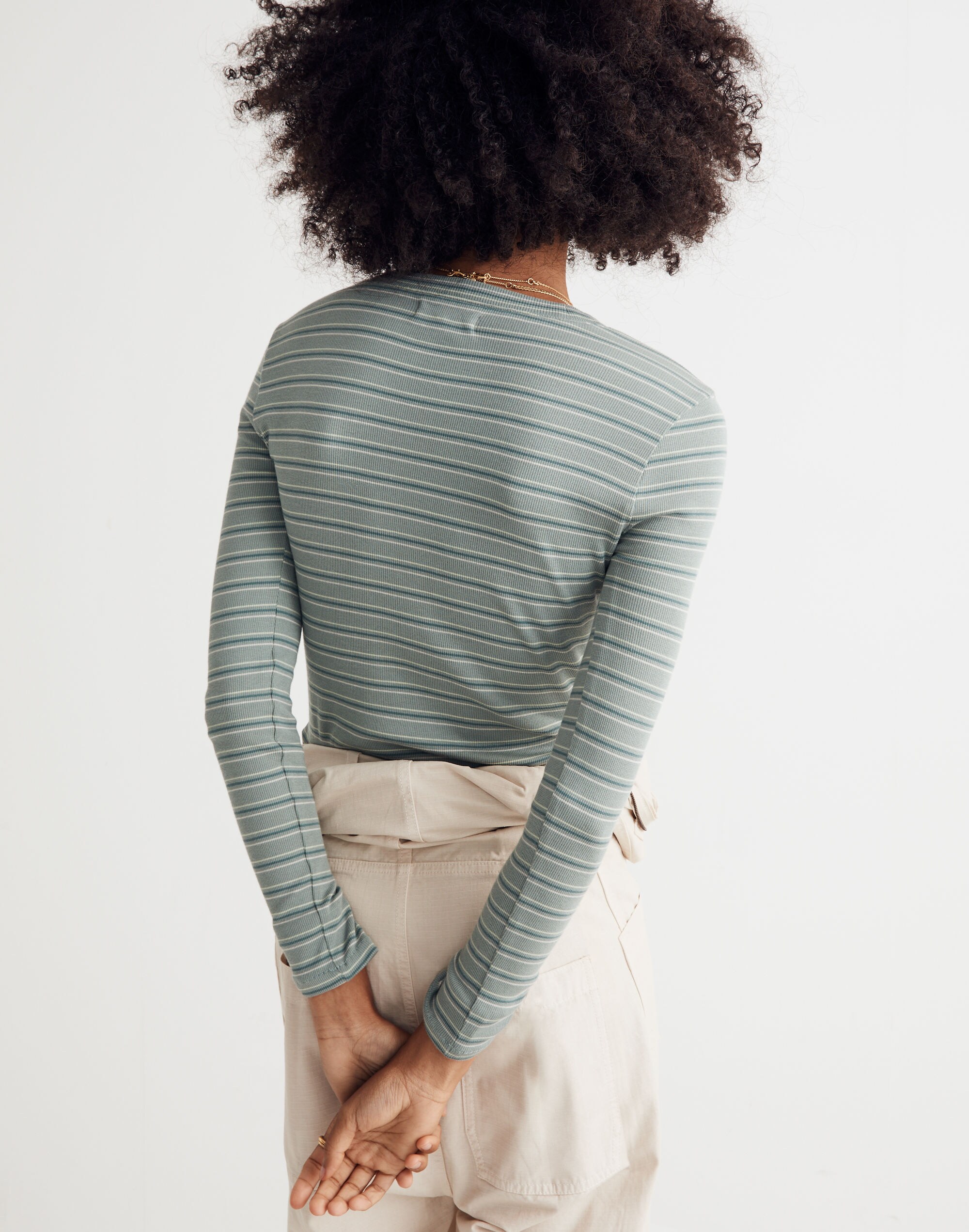 Fine Ribbed Crewneck Long-Sleeve Tee in Macey Stripe
