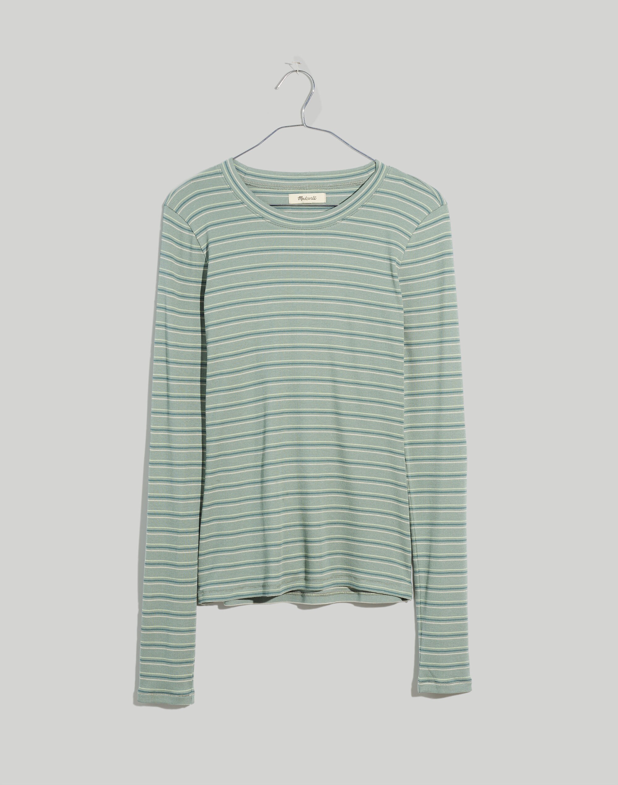 Fine Ribbed Crewneck Long-Sleeve Tee in Macey Stripe