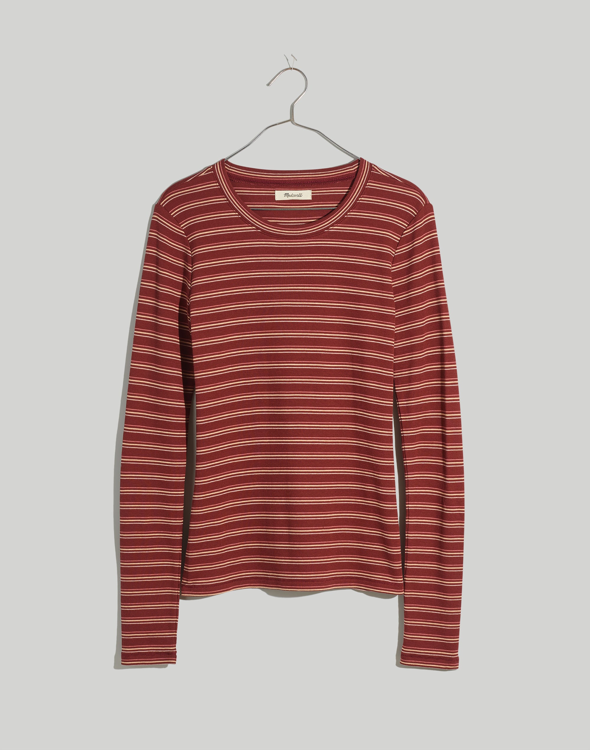 Fine Ribbed Crewneck Long-Sleeve Tee in Macey Stripe