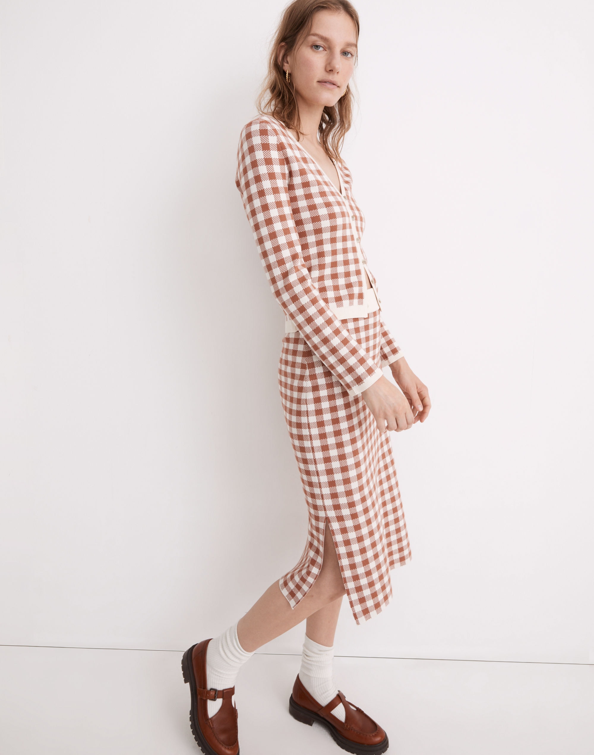 Carmon Crop Cardigan Sweater in Gingham Check