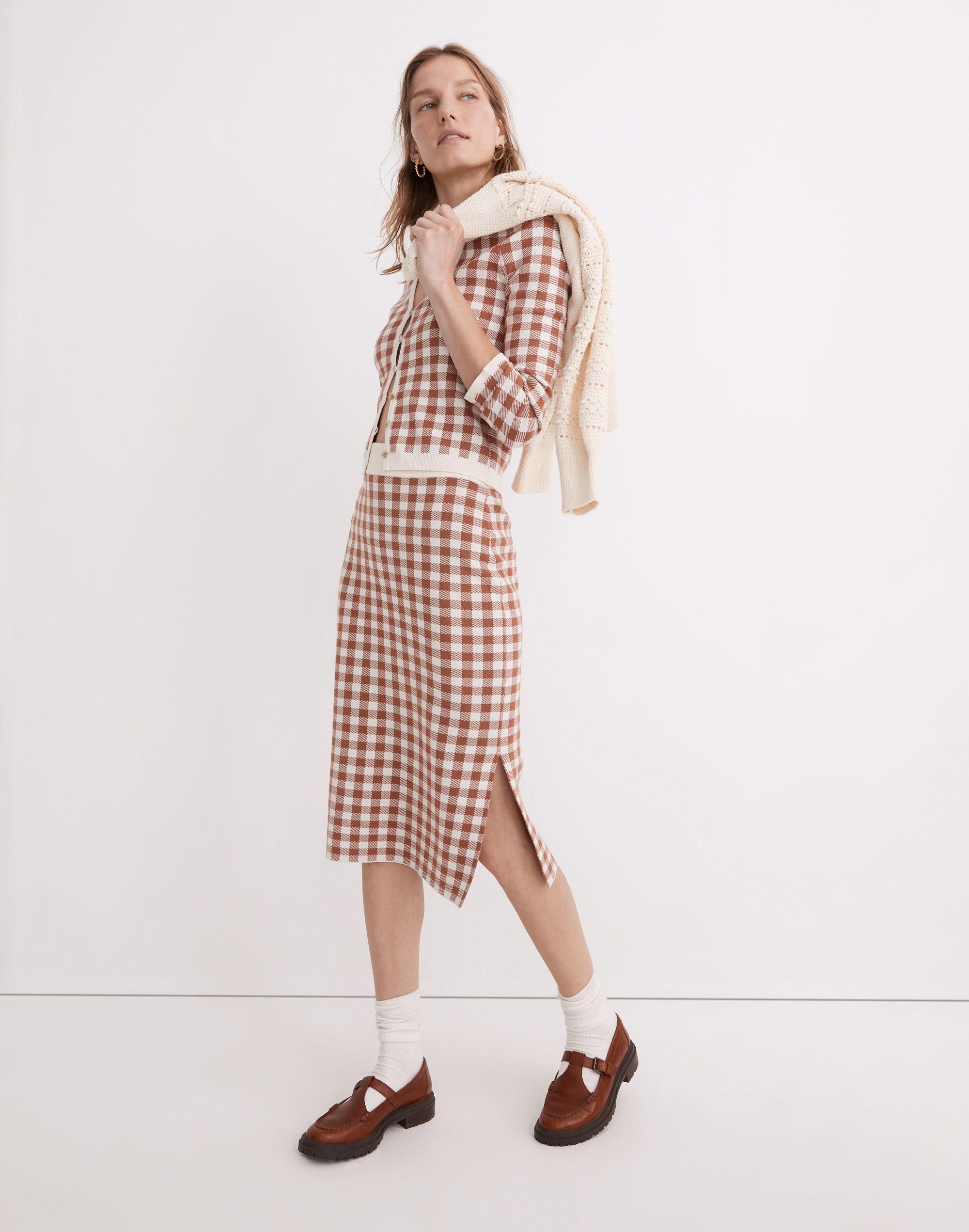 Carmon Crop Cardigan Sweater in Gingham Check