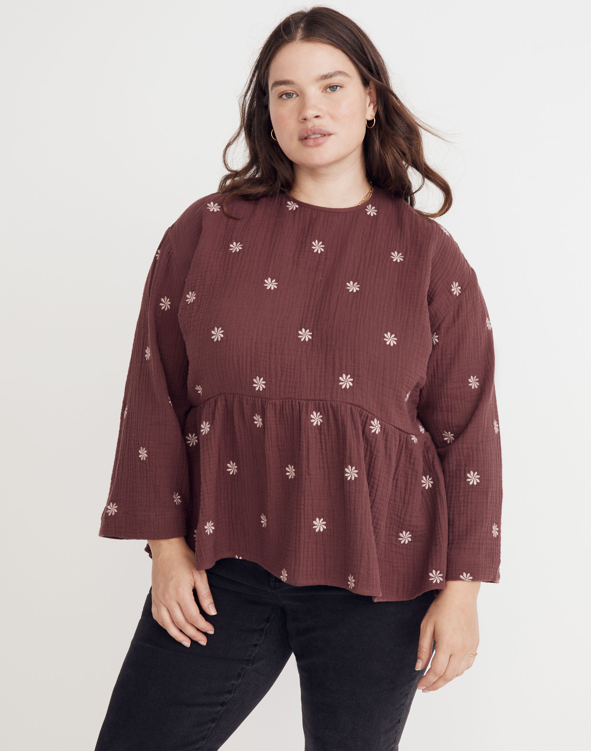 Plus Embroidered Lightspun Peplum Open-Back Top