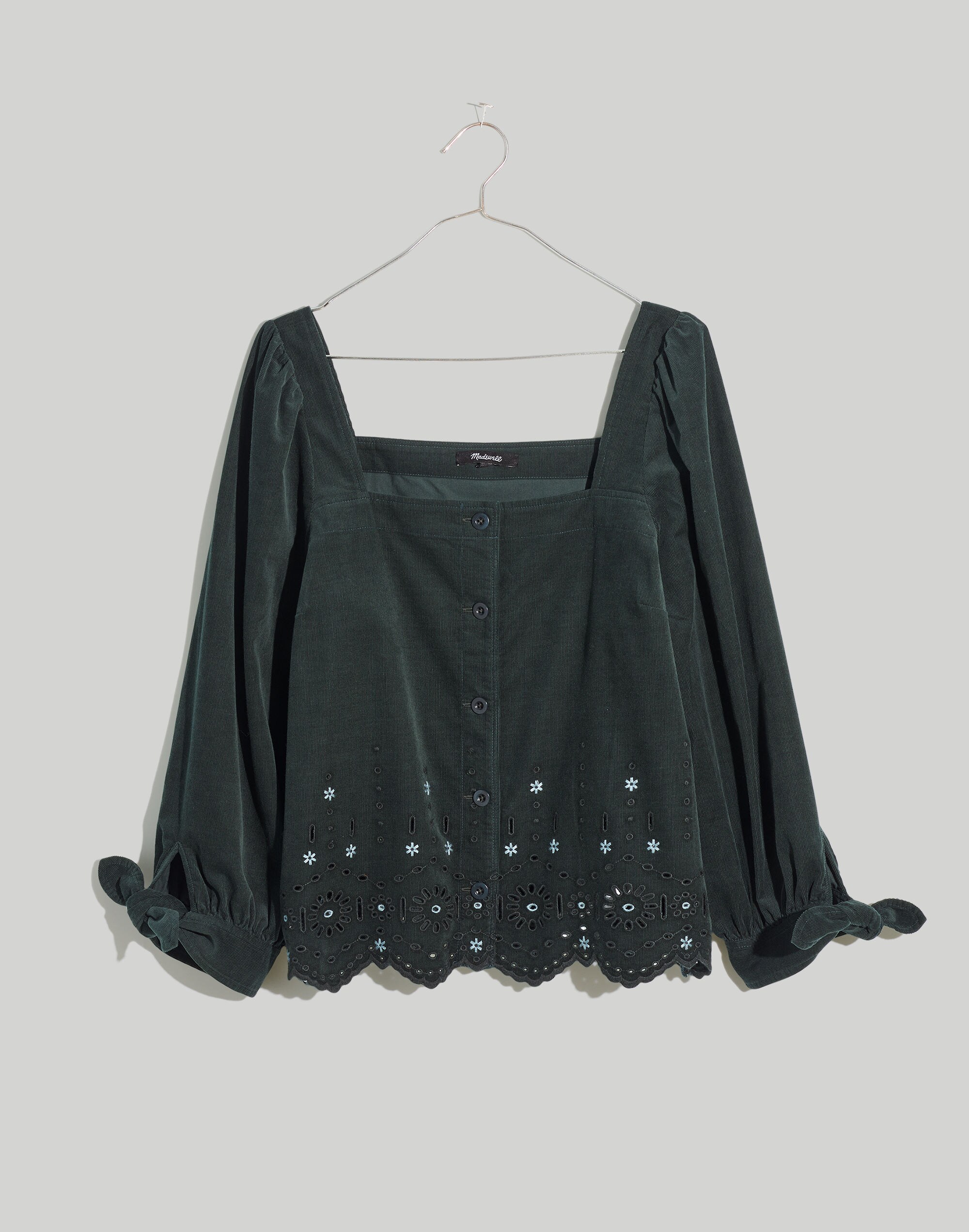 Plus Embroidered Eyelet Corduroy Tie-Sleeve Top