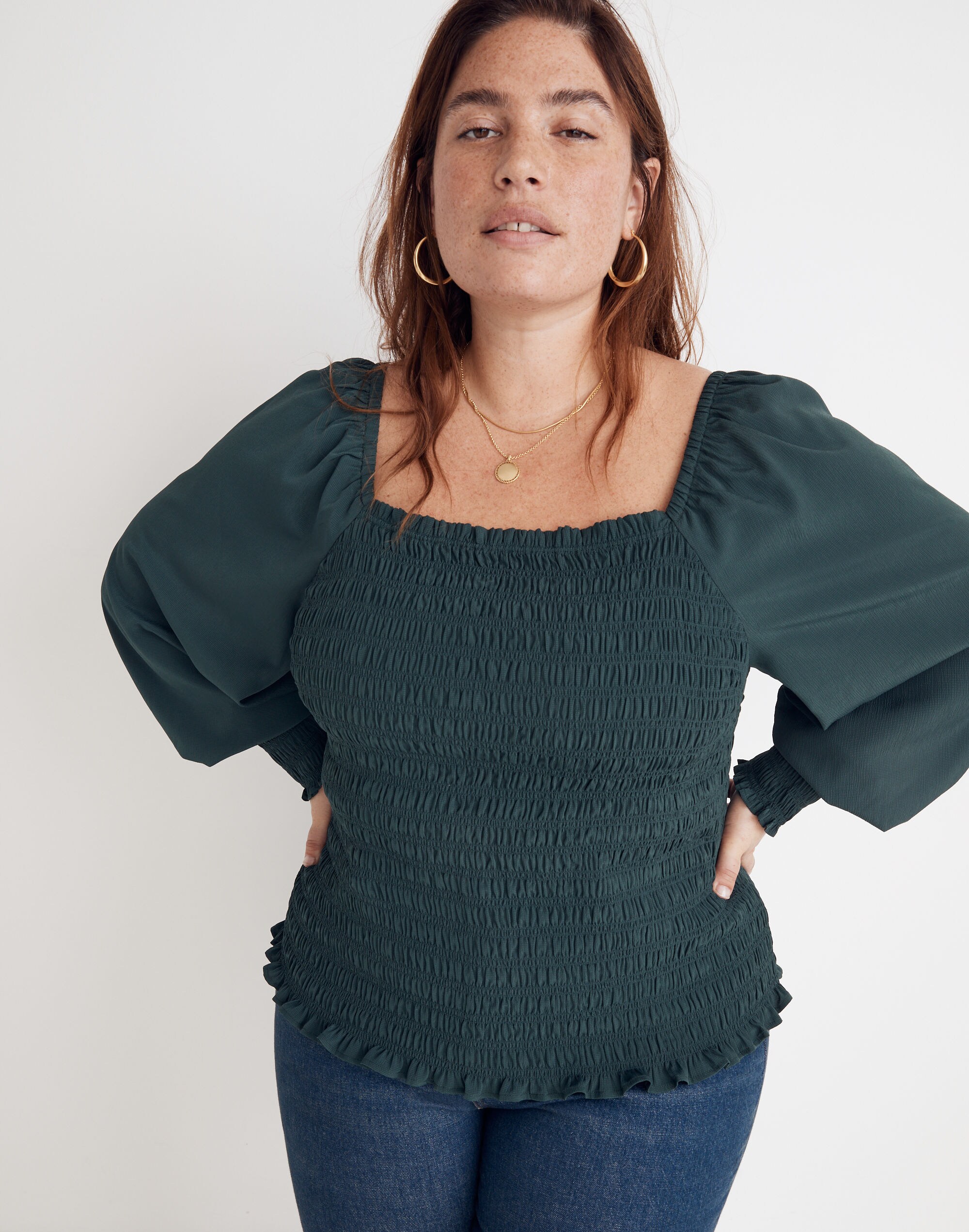 Plus Lucie Bubble-Sleeve Smocked Top
