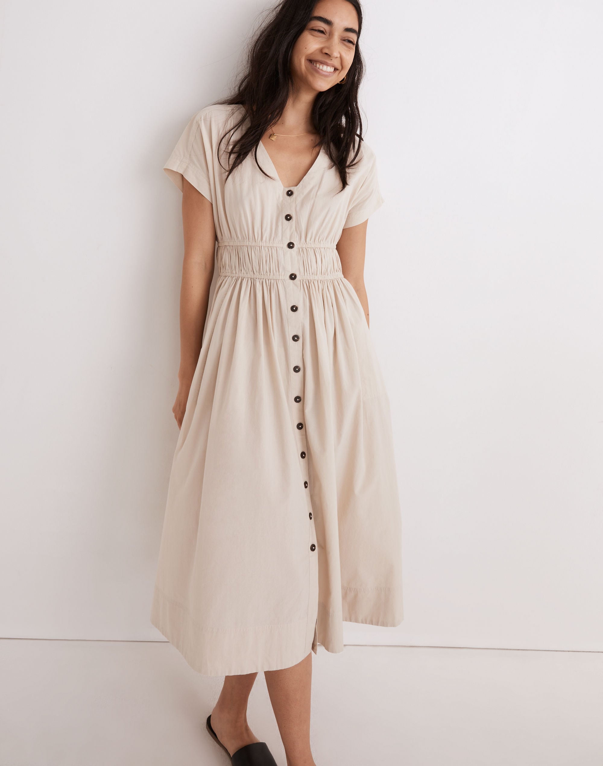 poplin sophia button-front midi dress