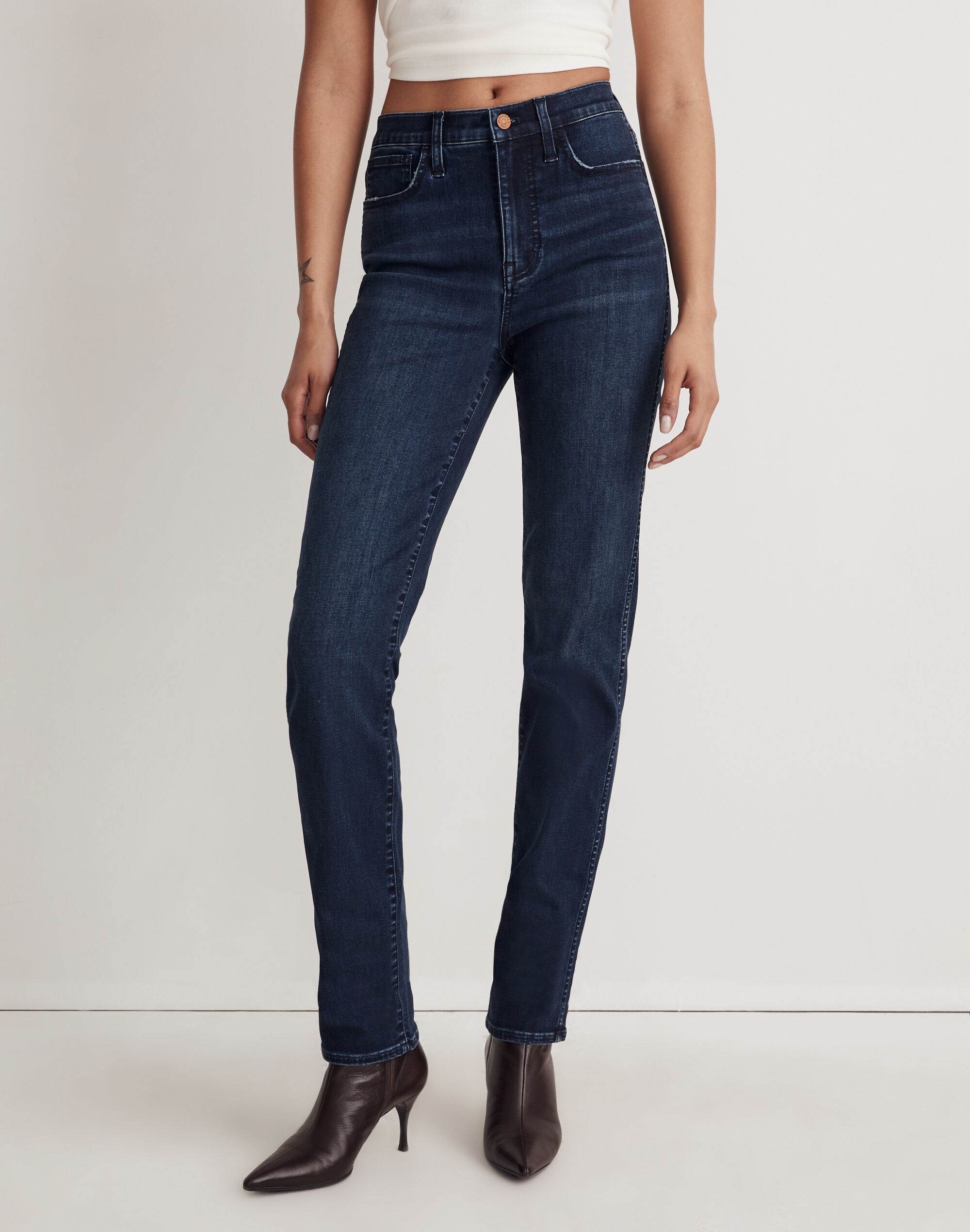 High-Rise Slim Straight Jeans in Larchley Wash: TENCEL&trade; Denim Edition
