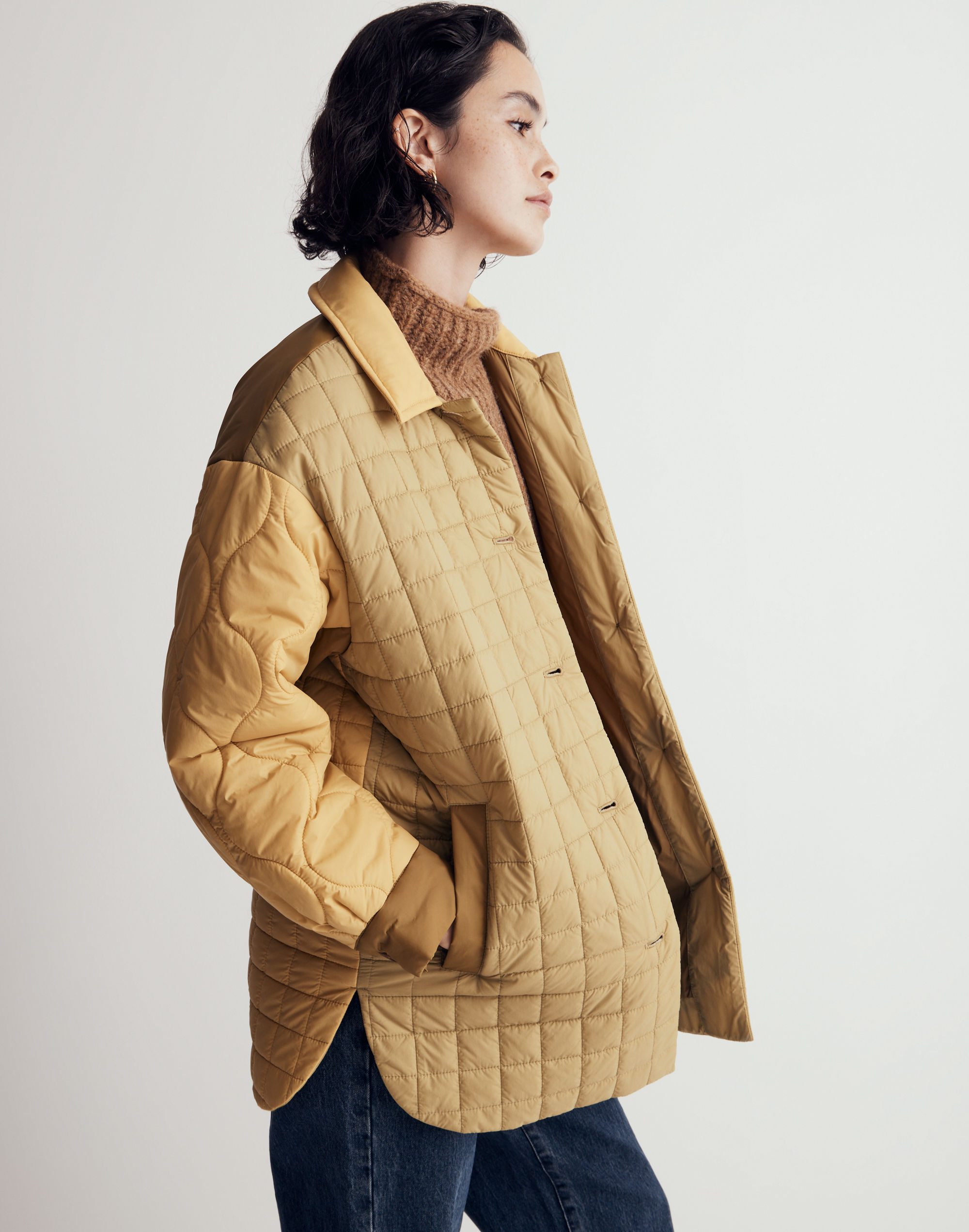 Mixed-Quilt Shirt-Jacket in Recycled Nylon