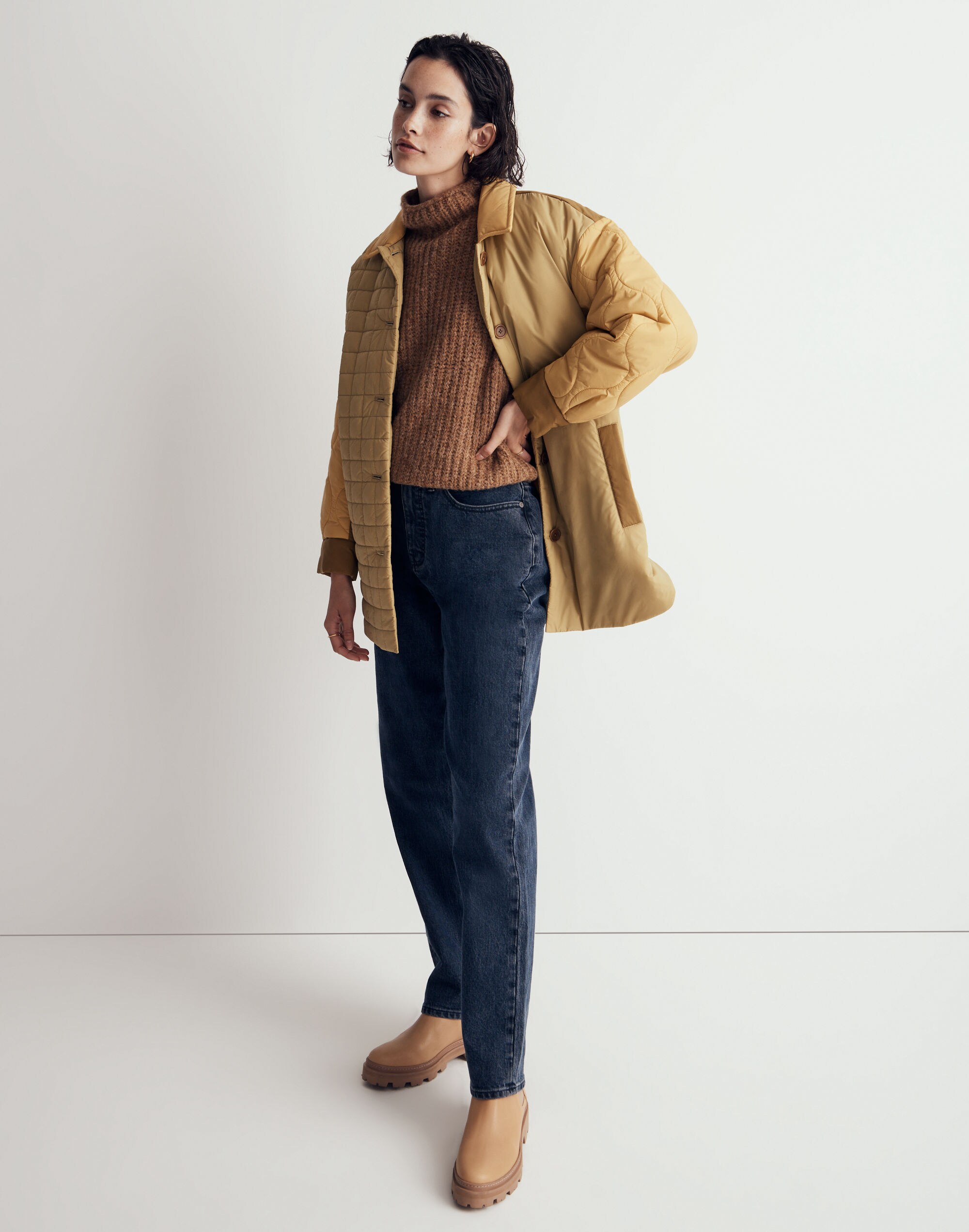 Mixed-Quilt Shirt-Jacket in Recycled Nylon