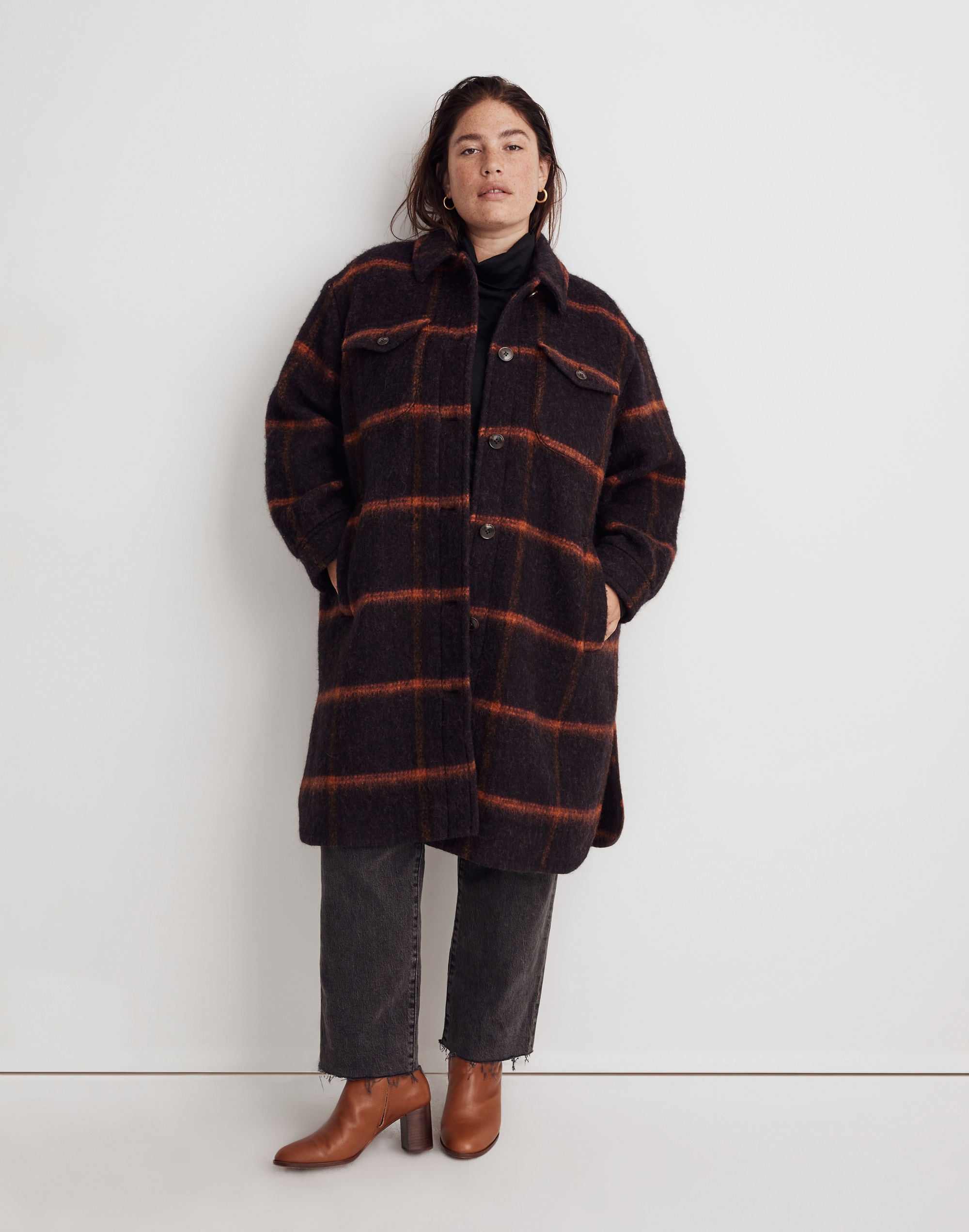 Plus Long Shirt-Jacket in Windowpane