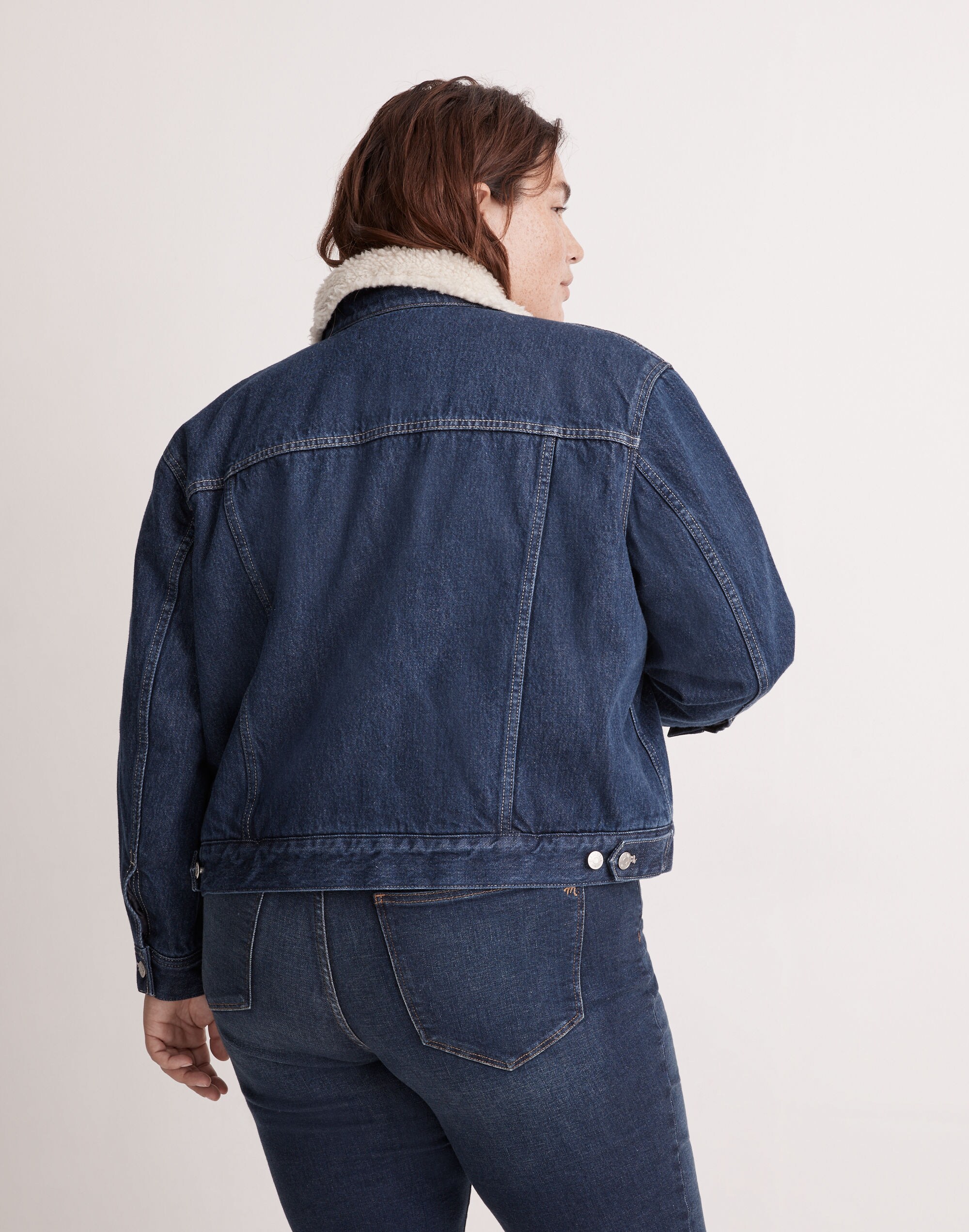 The Plus Cropped Oversized Trucker Jean Jacket: Sherpa Collar Edition