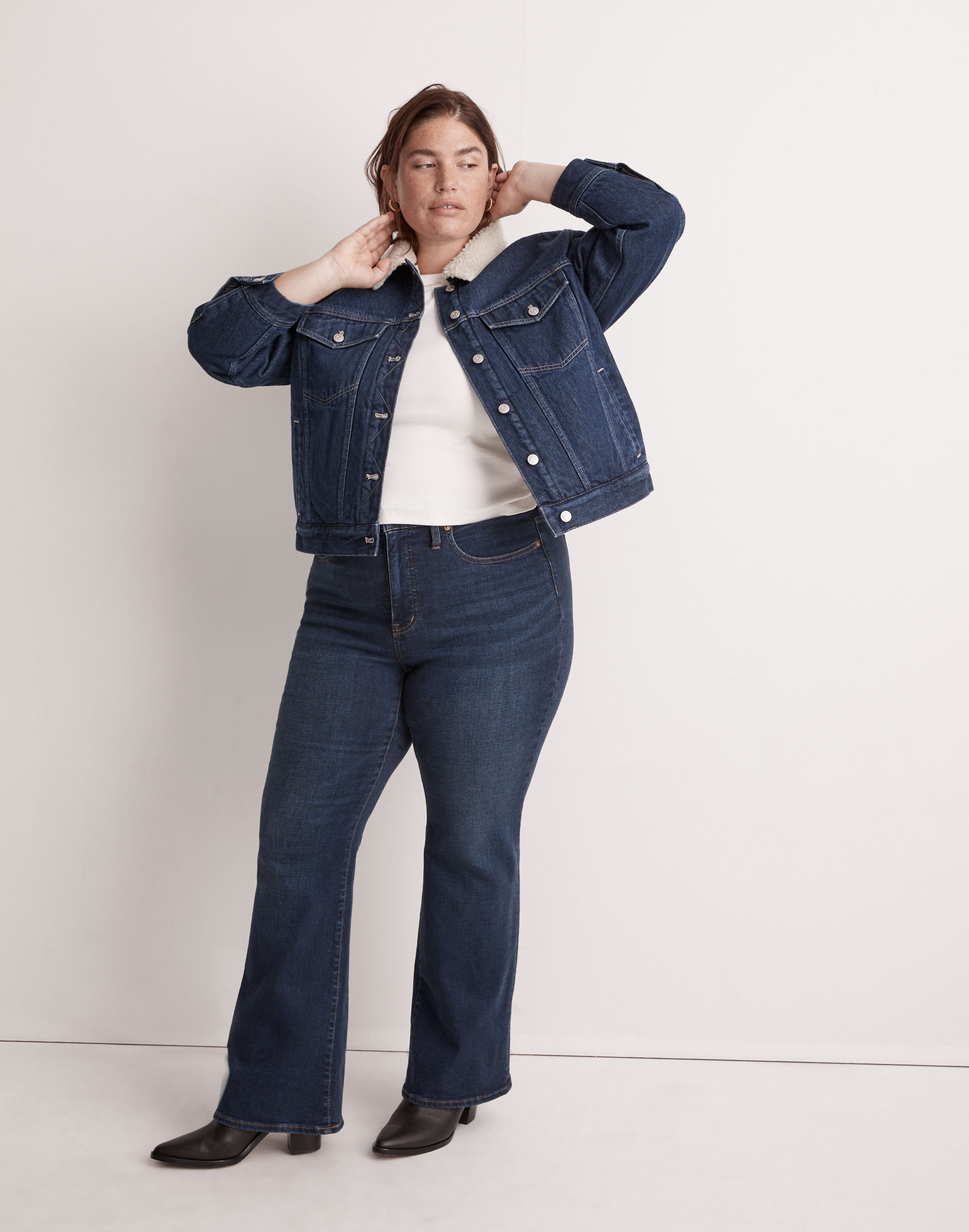 The Plus Cropped Oversized Trucker Jean Jacket: Sherpa Collar Edition