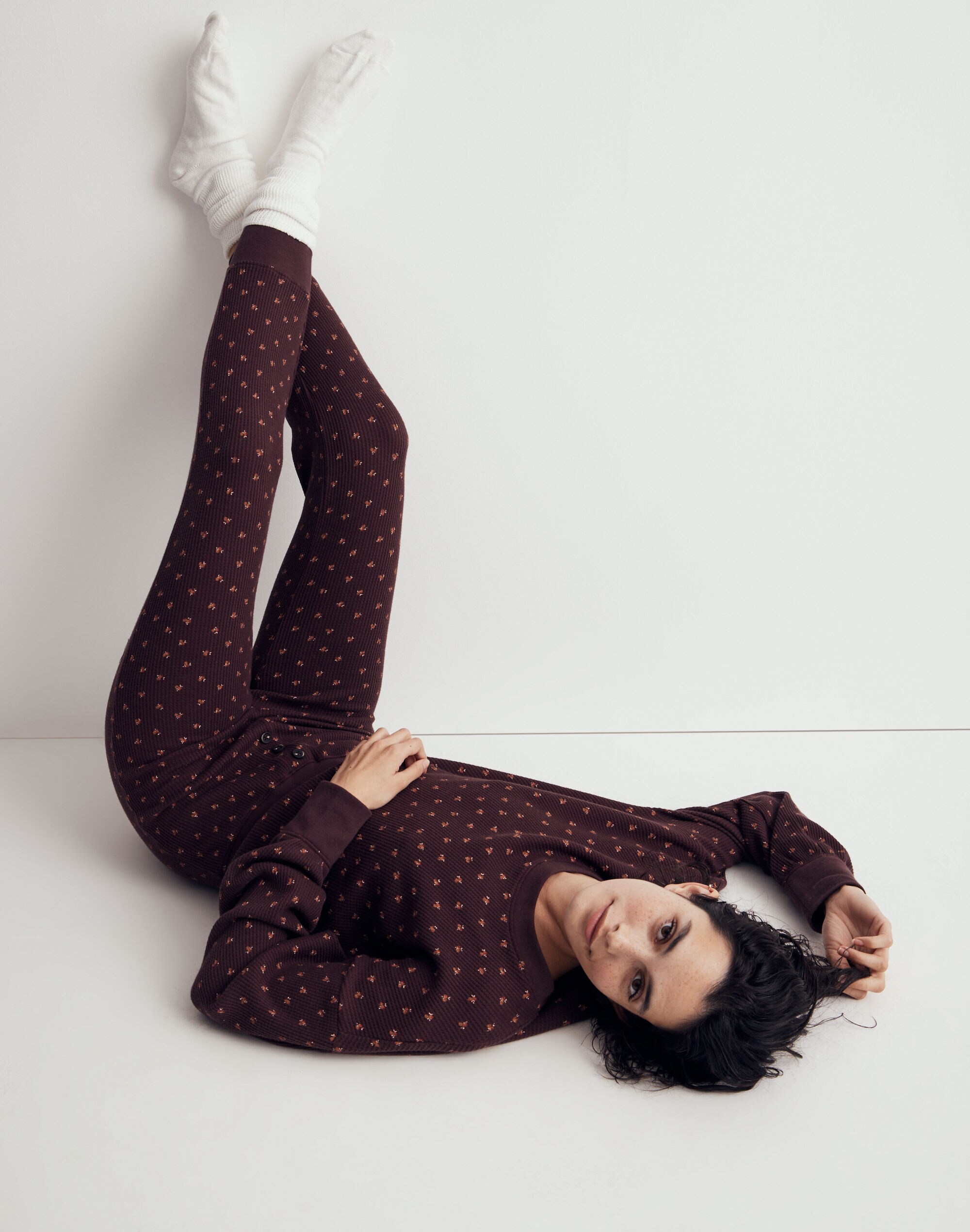 Waffle Knit Long Pajama Set in Micro Berry