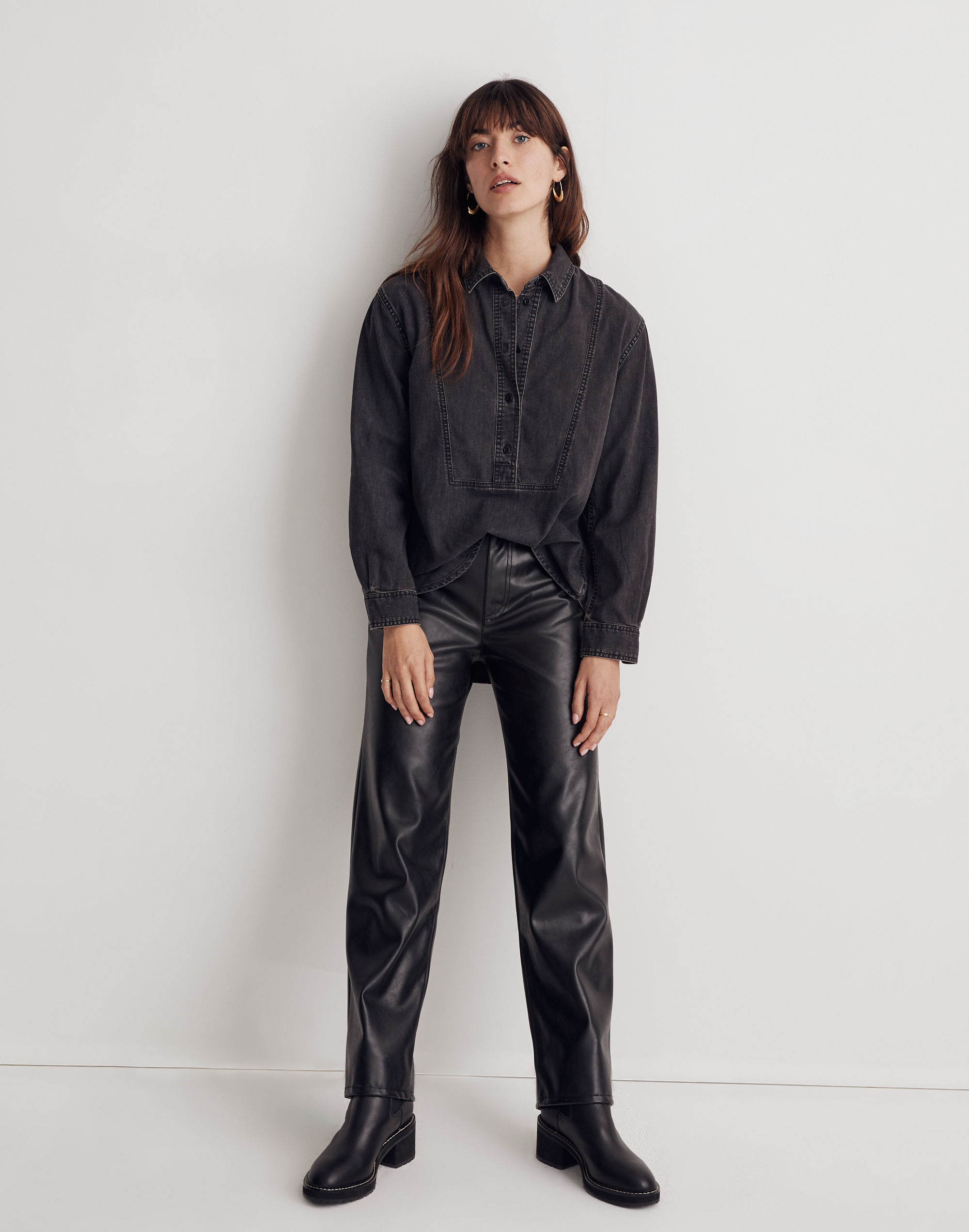 Denim Long-Sleeve Popover Shirt in Lunar Wash