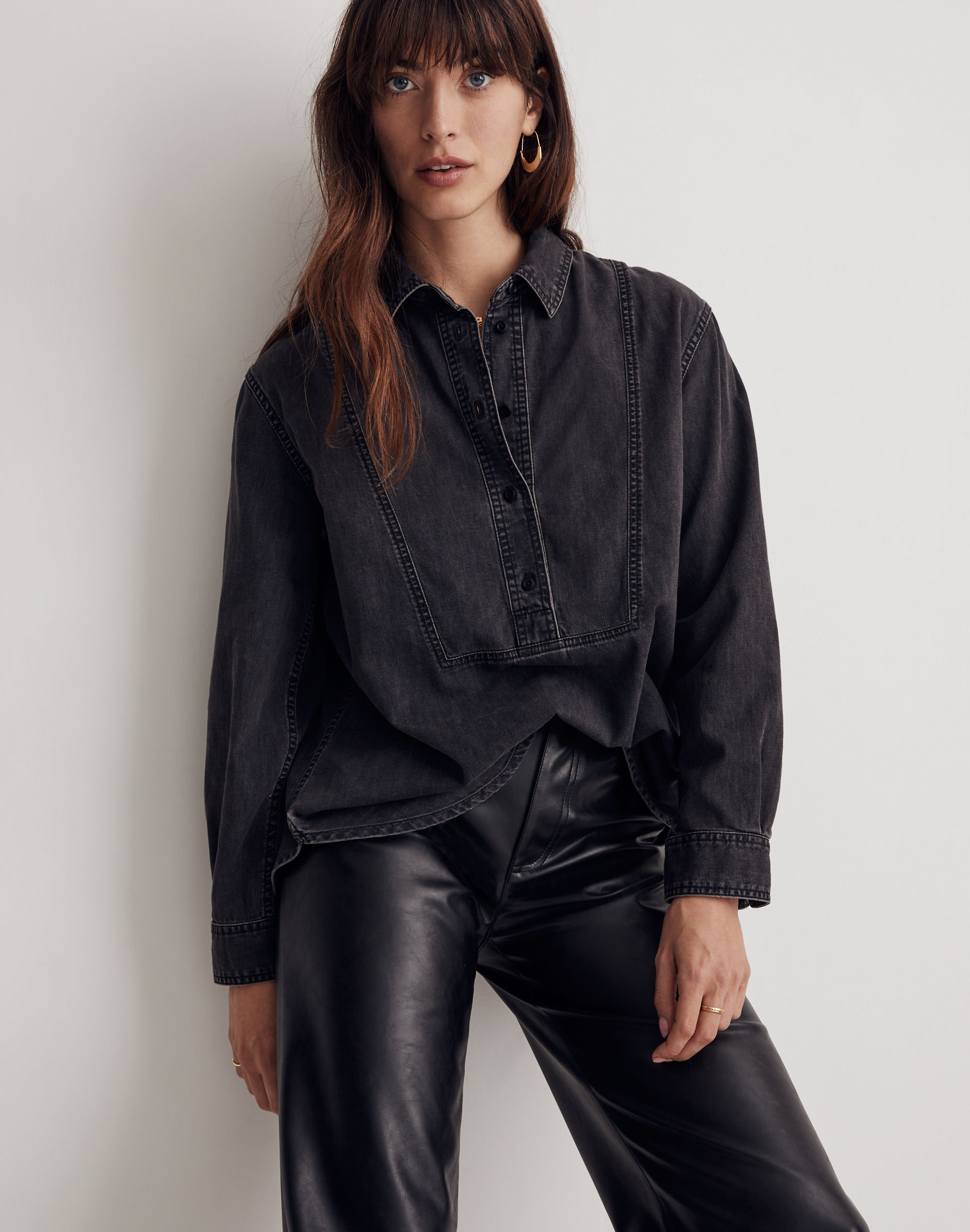 Denim Long-Sleeve Popover Shirt in Lunar Wash