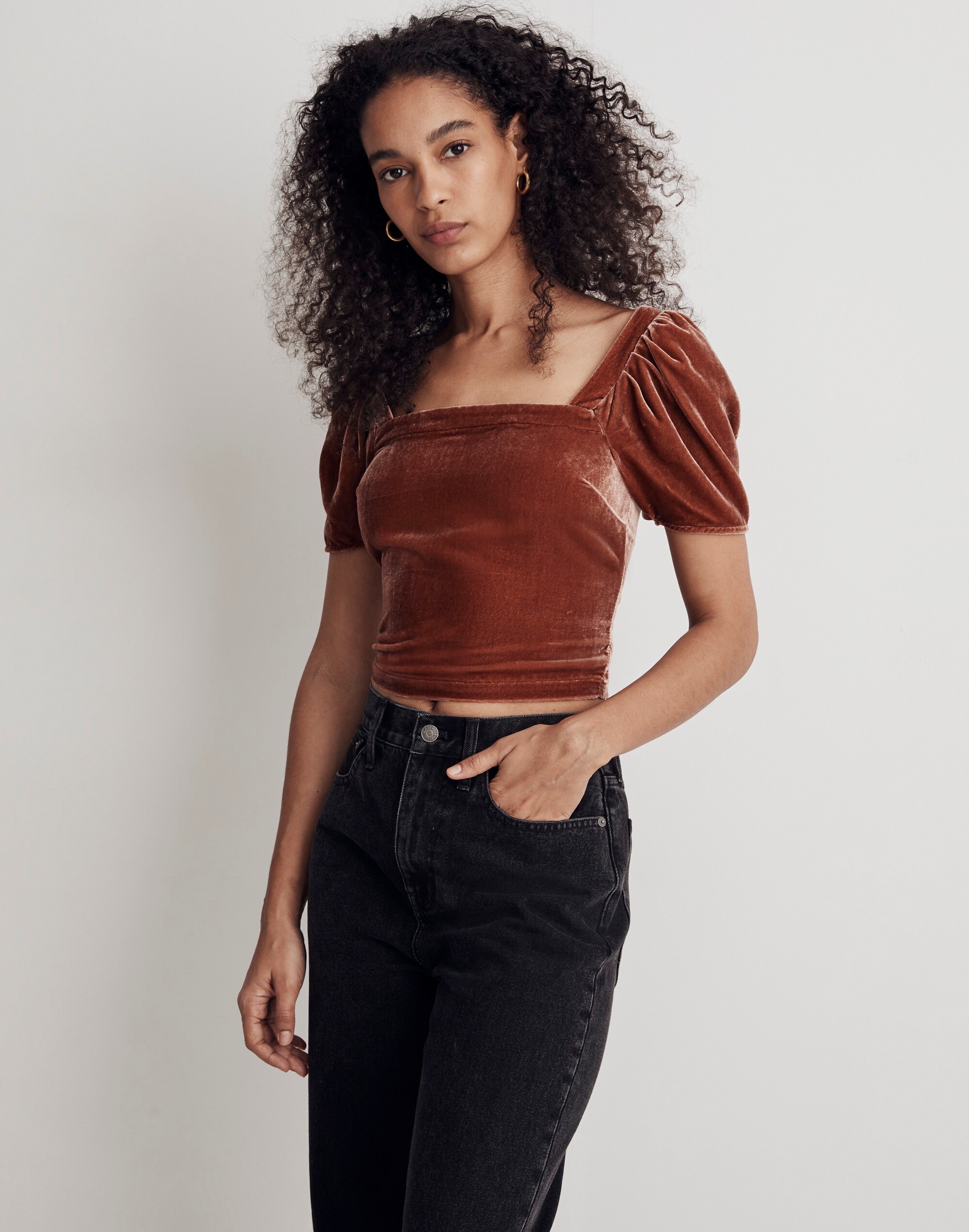 Hopewell Puff-Sleeve Crop Top in Silk-Blend Velvet