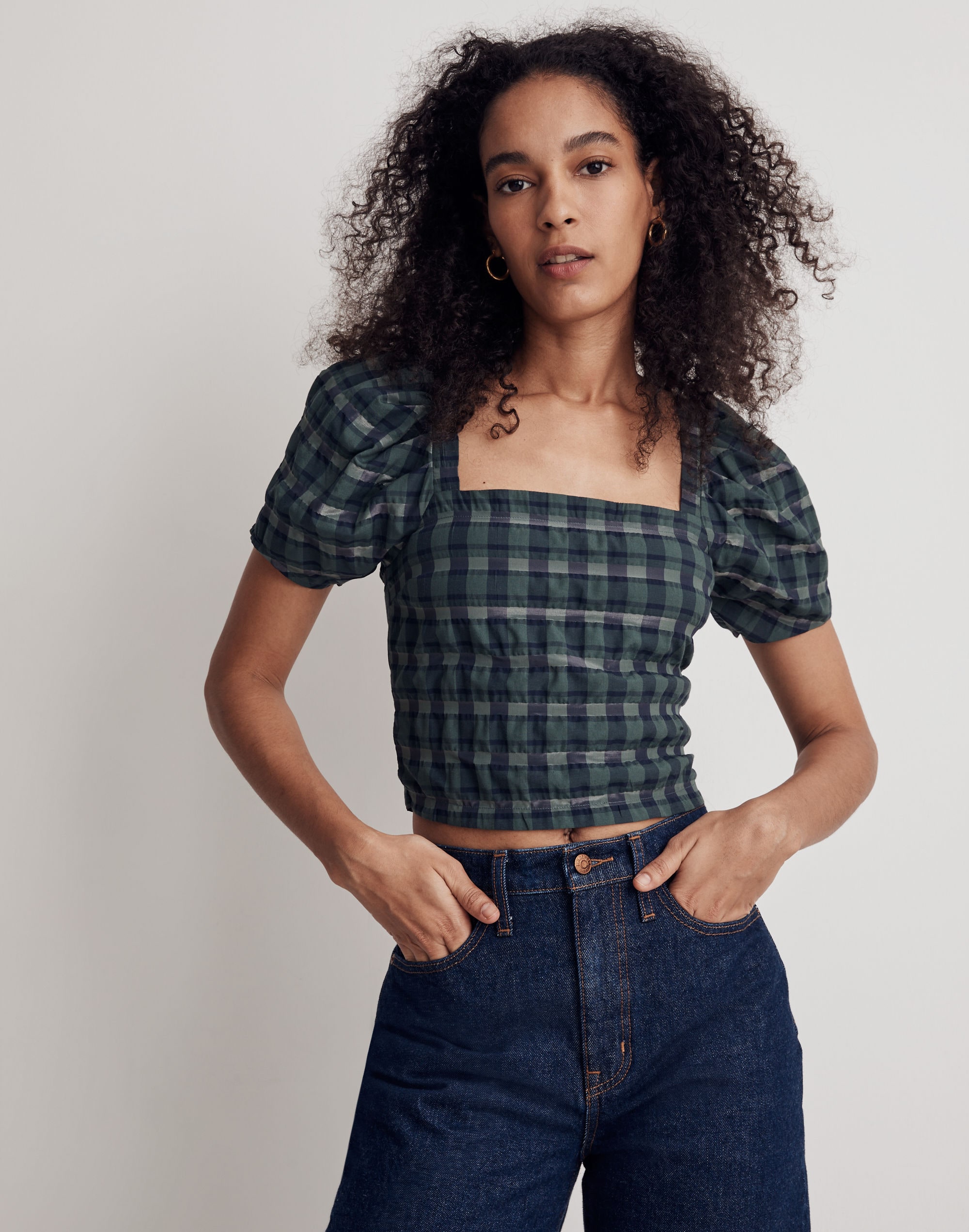 hopewell puff-sleeve crop top in plaid