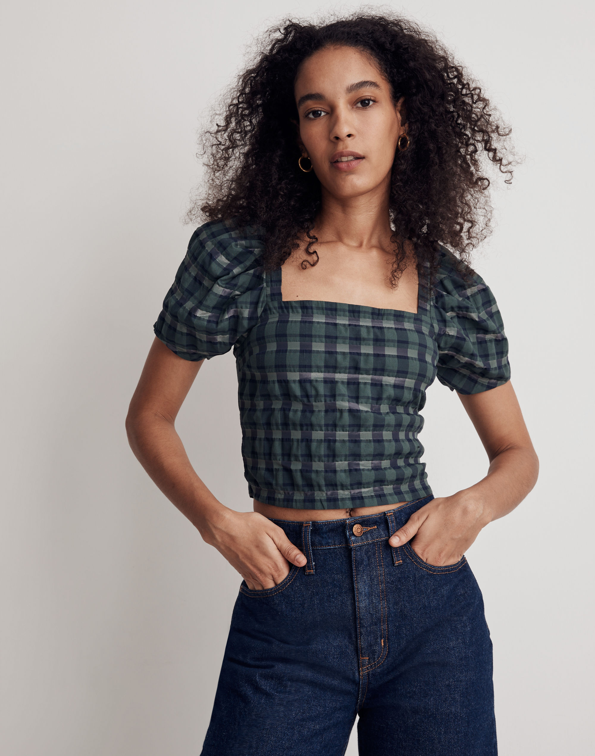 Hopewell Puff-Sleeve Crop Top in Plaid