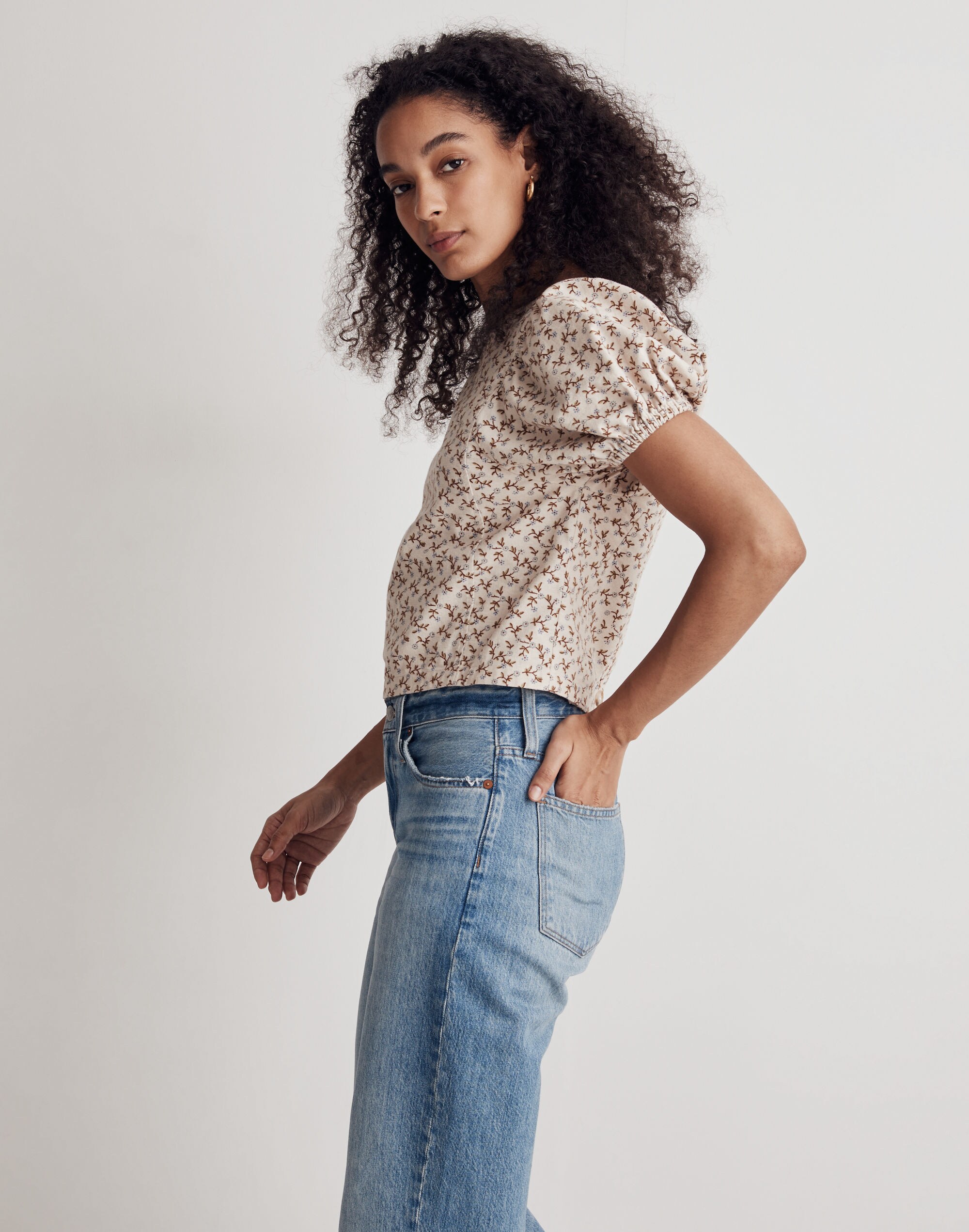 Flannel Puff-Sleeve Top in Teaberry Floral