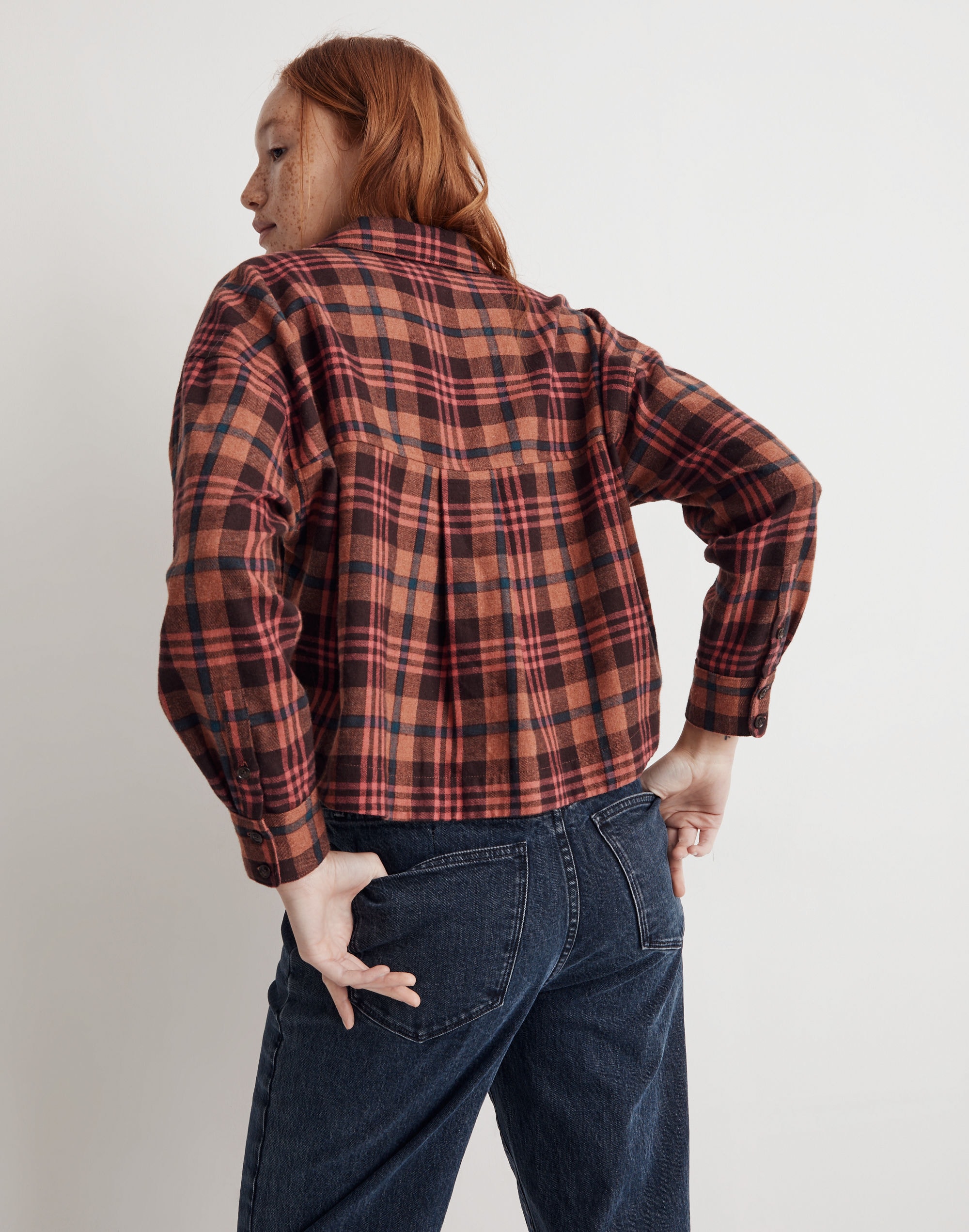 Flannel Long-Sleeve Crop Shirt in Plaid