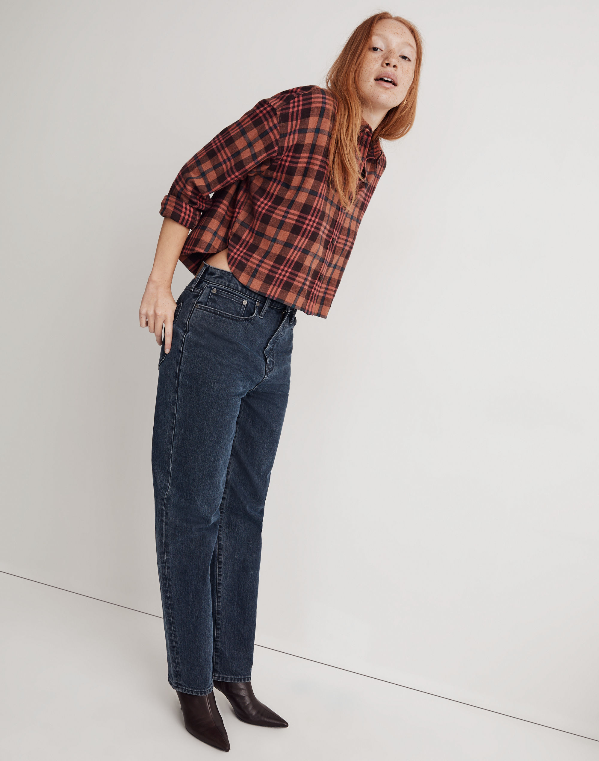 Flannel Long-Sleeve Crop Shirt in Plaid