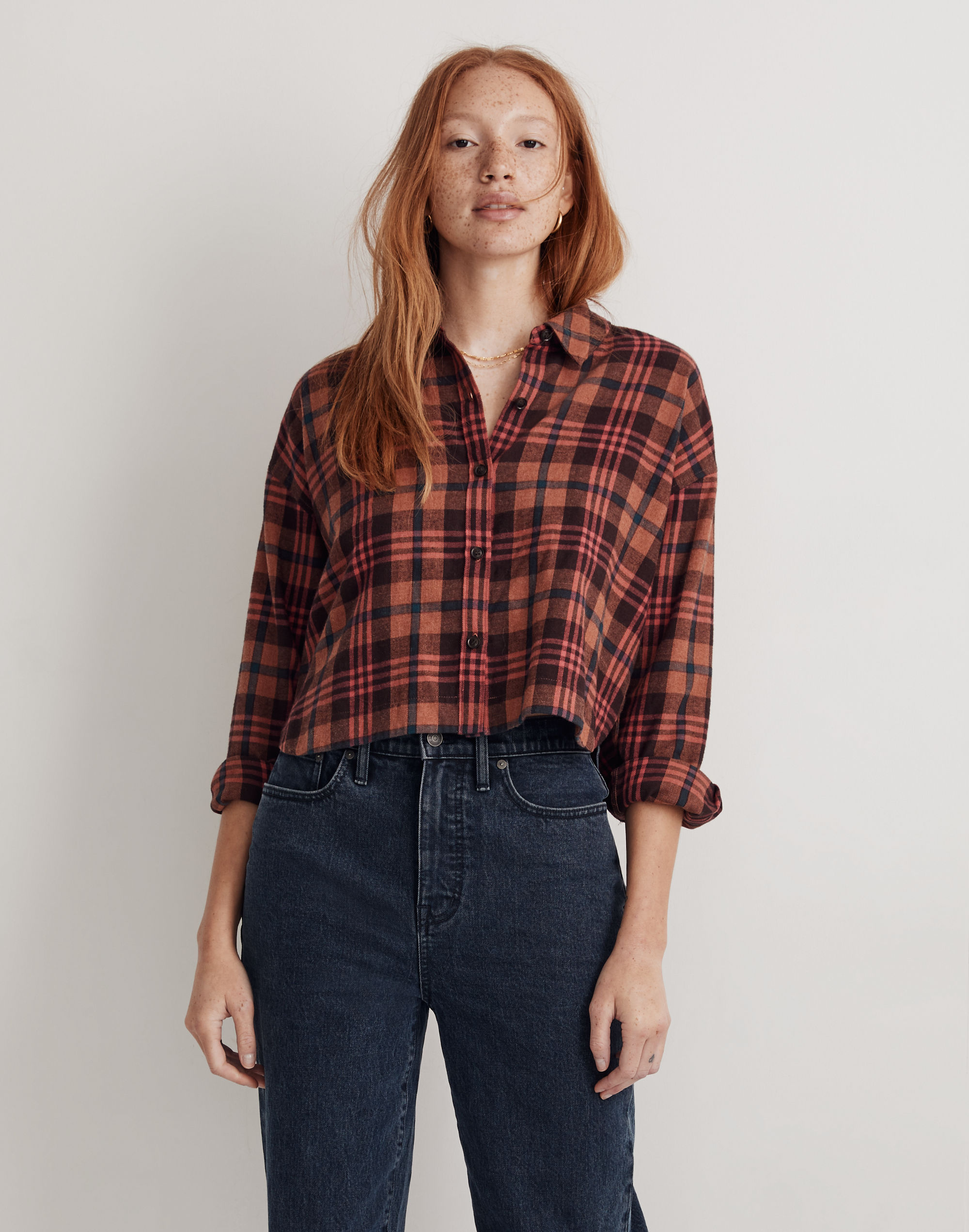 Flannel Long-Sleeve Crop Shirt in Plaid